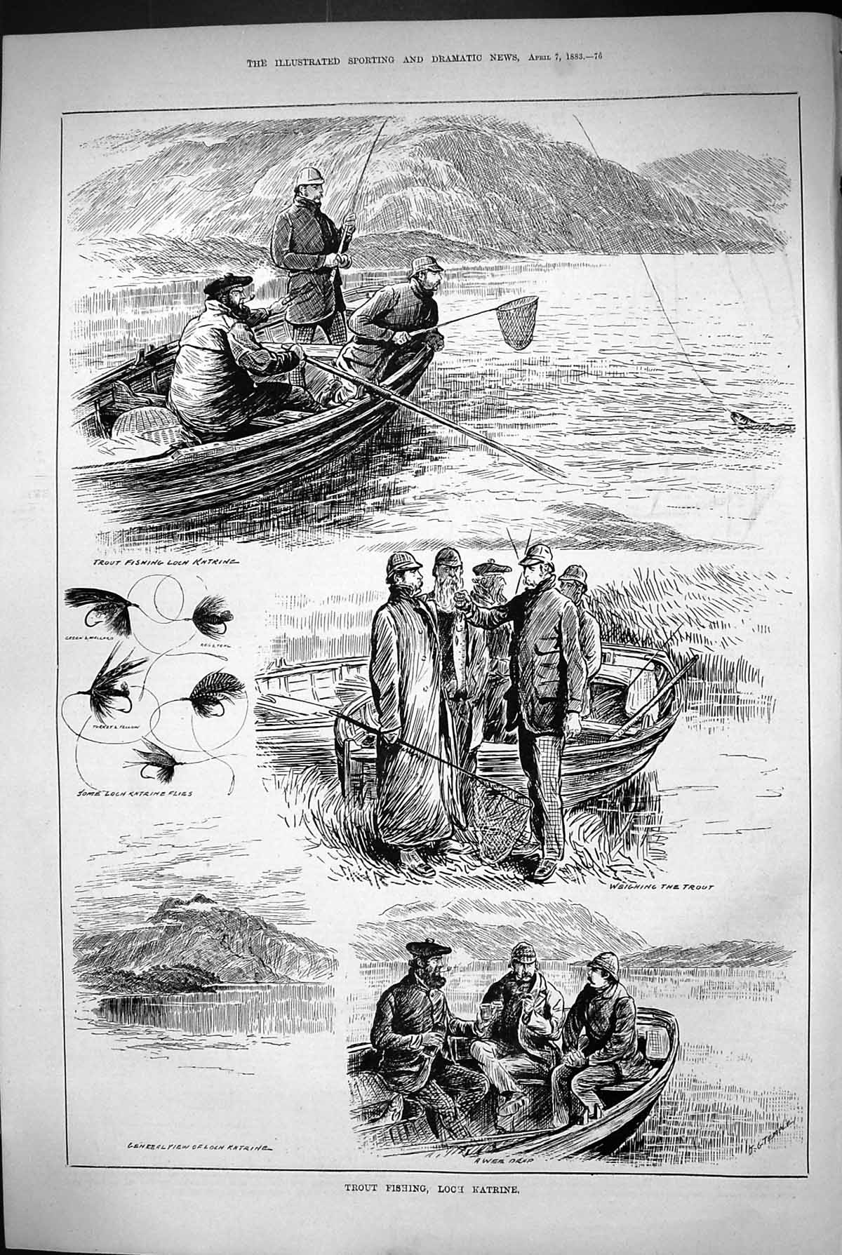 Old 1883 Trout Fishing Loch Katrine Fish Flies Fishermen Boat Wee Dra Victorian