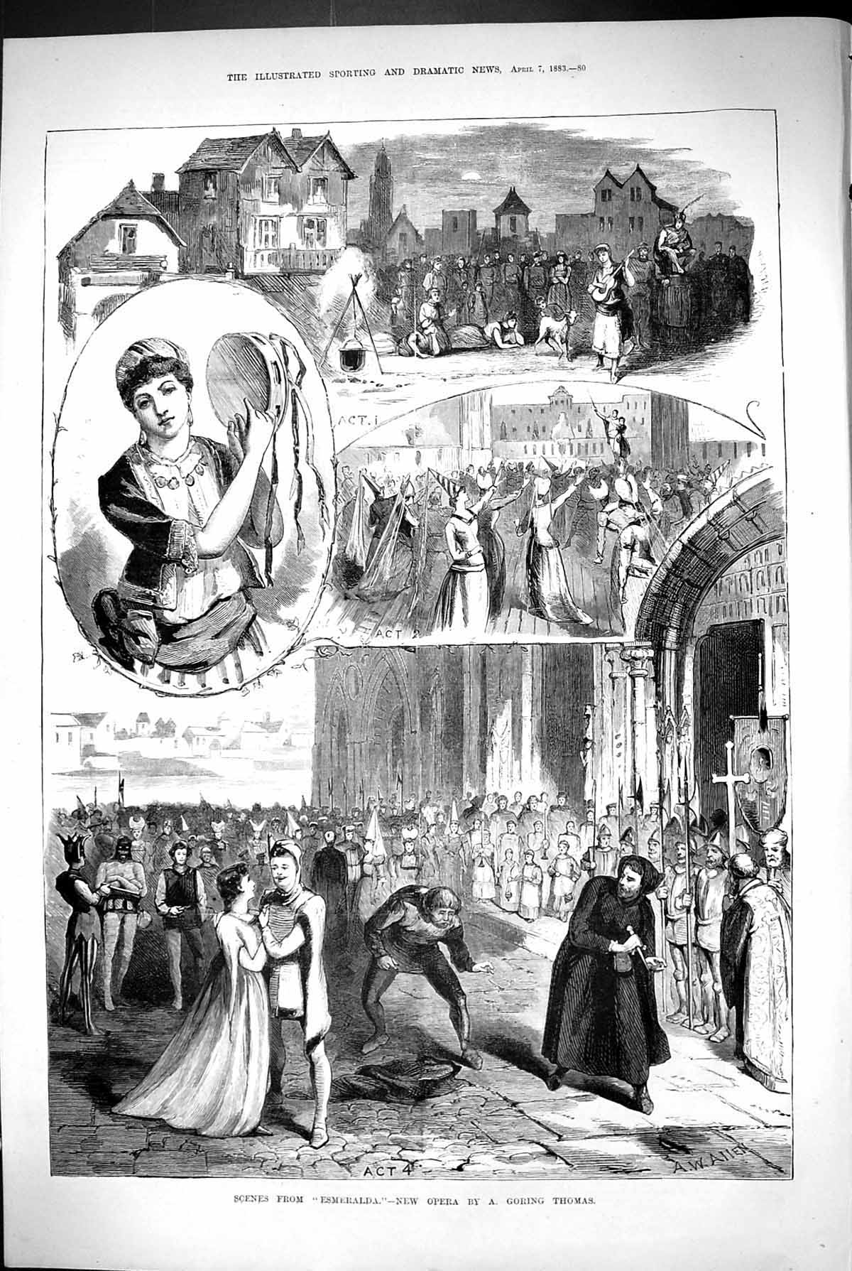 Original Old Antique Print 1883 Scene Esmeralda Opera Goring Thomas Theatre