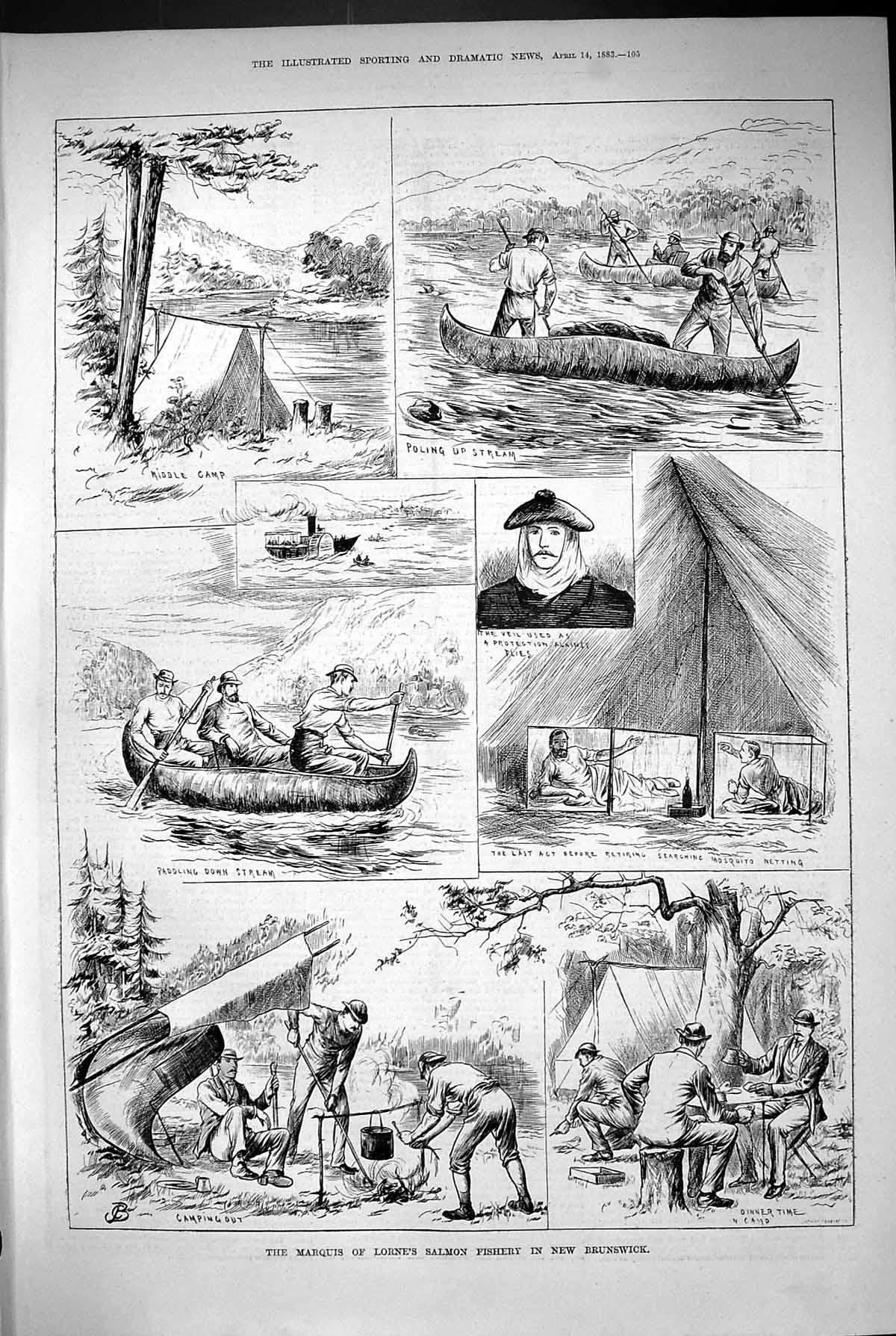 Old 1883 Marquis Lorne Salmon Fishery New Brunswick River Canoe Camp Victorian