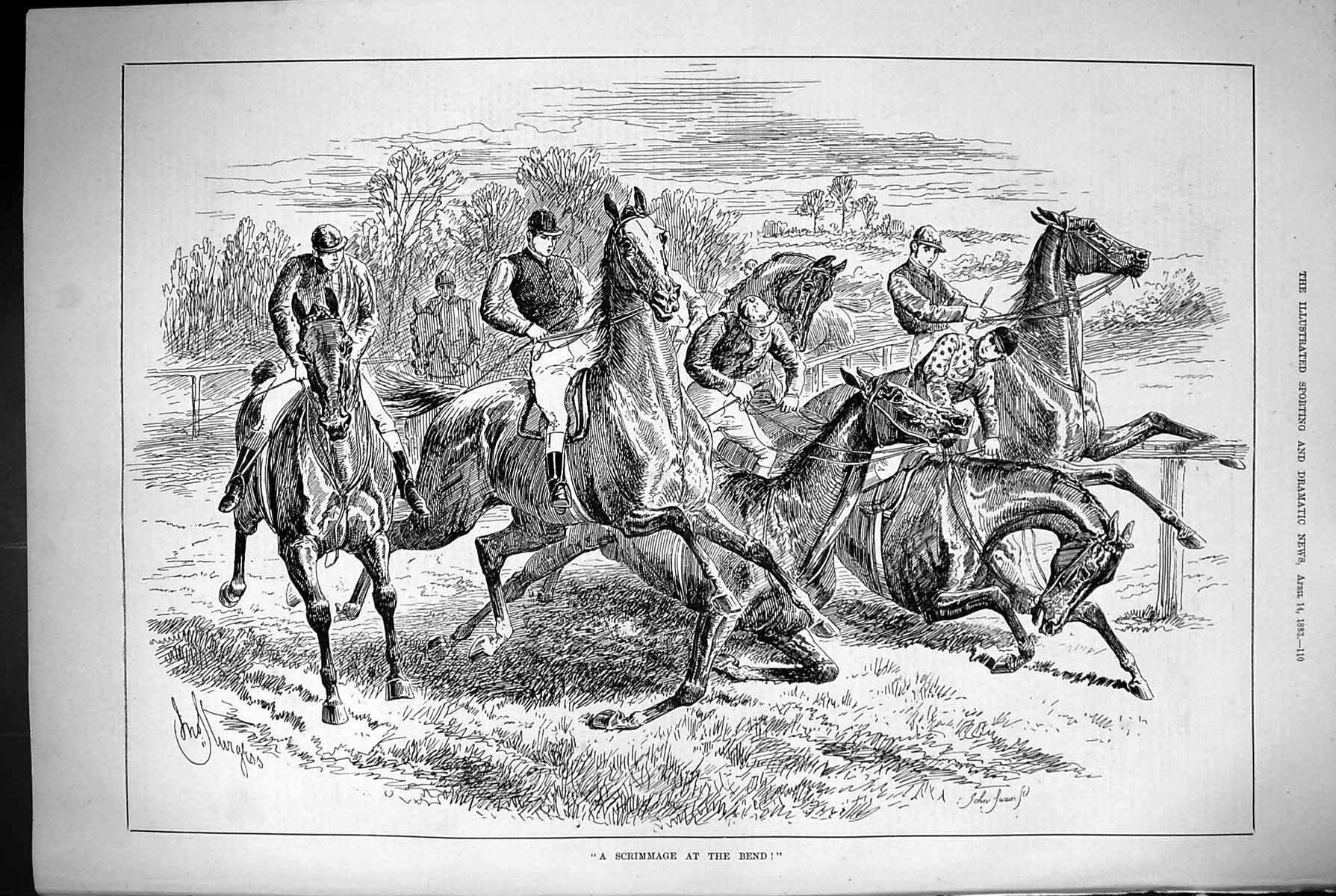 Old Antique Print 1883 Scrimmage On The Bend Horse Racing Sport Jockeys 19th