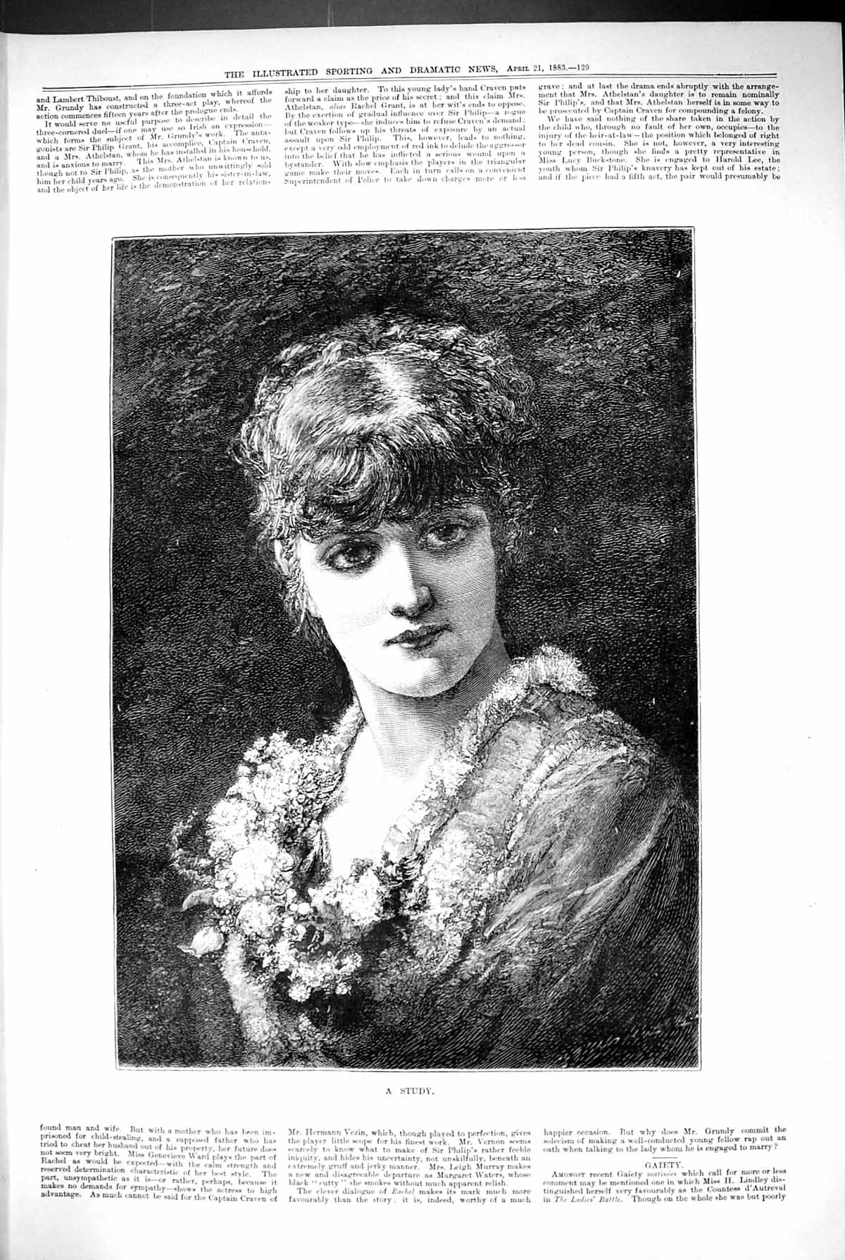 Original Old Antique Print 1883 Portrait Study Beautiful Woman 19th