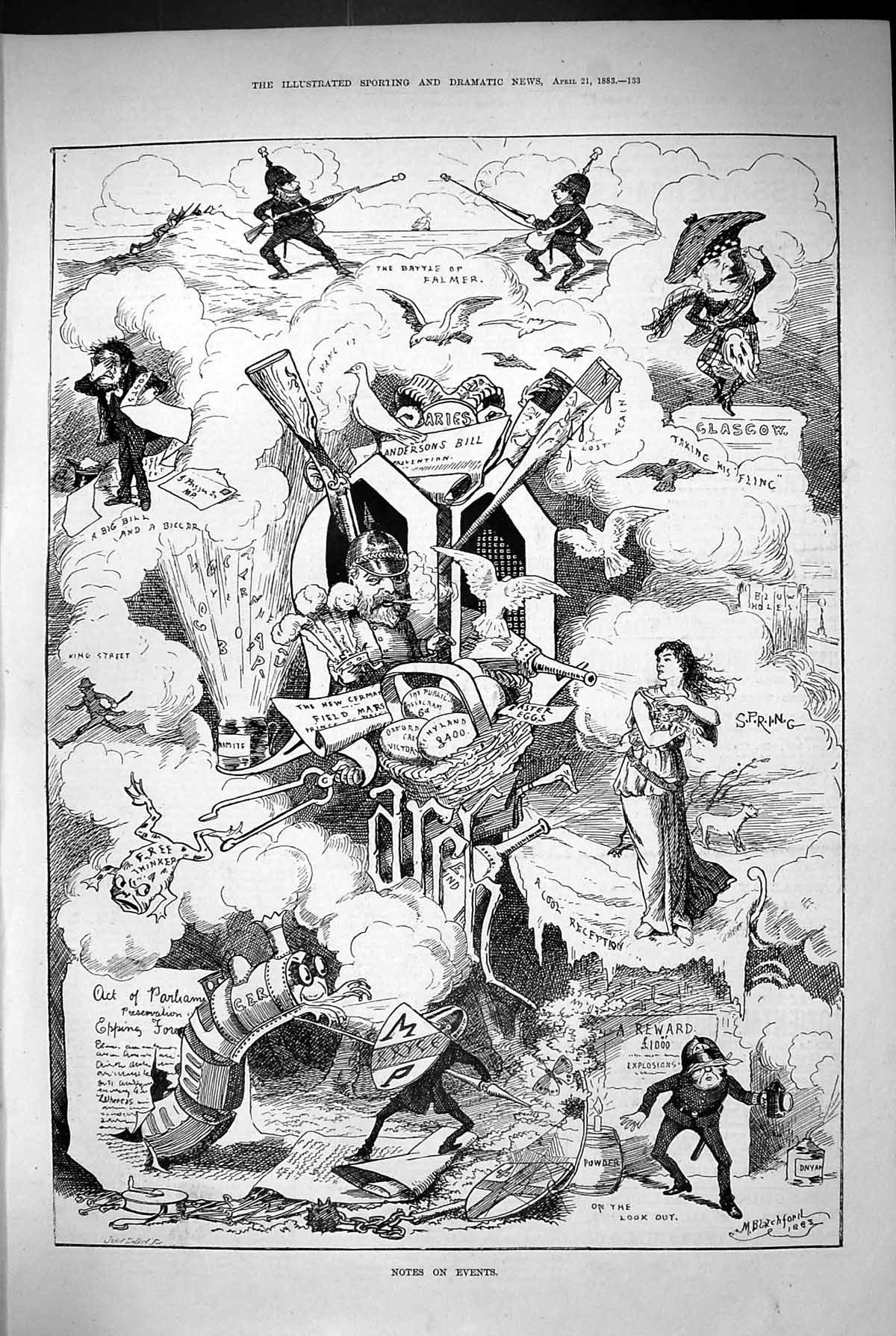 Antique Old Print 1883 Notes Month Parliament Battle Falmer Glasgow Spring 19th
