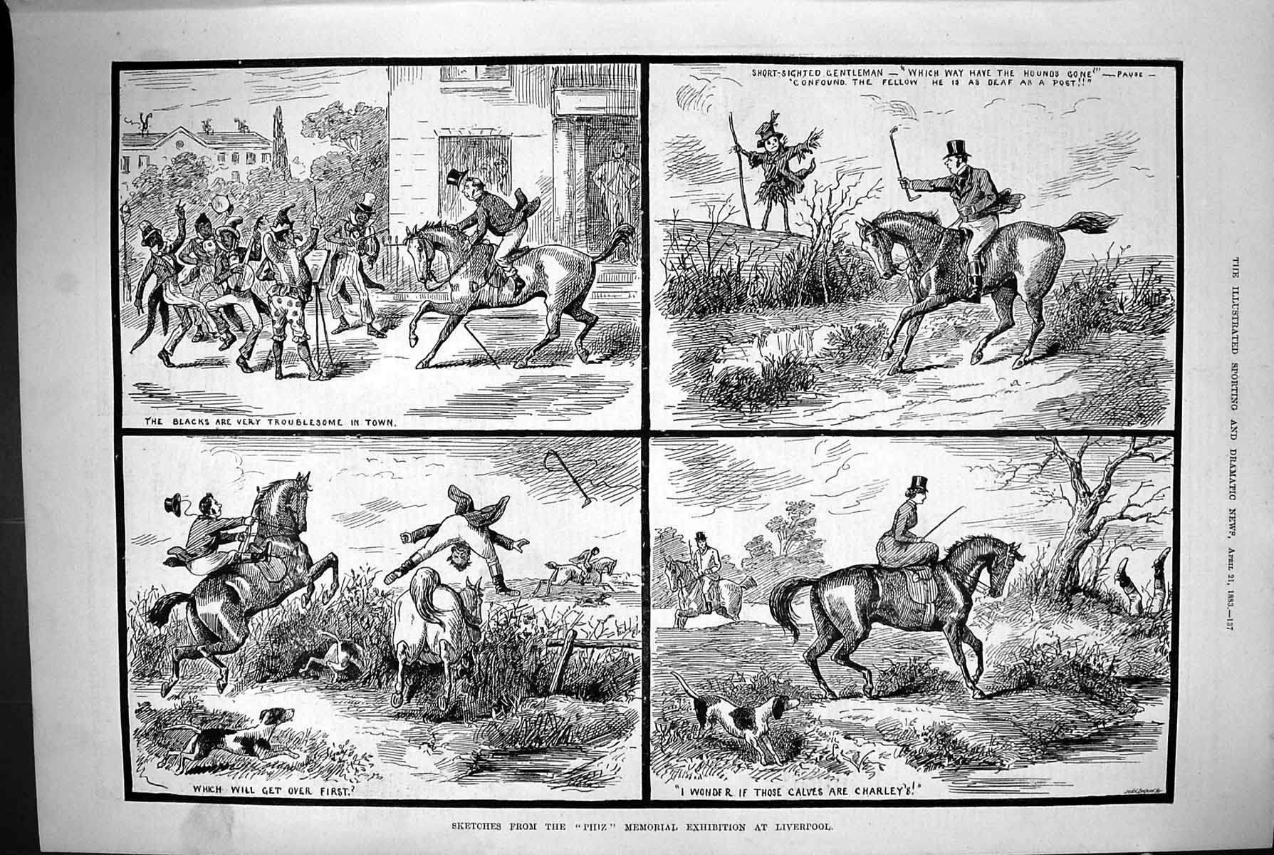 Old 1883 Sketches Phiz Memorial Exhibition Liverpool Horses Hunting H Victorian