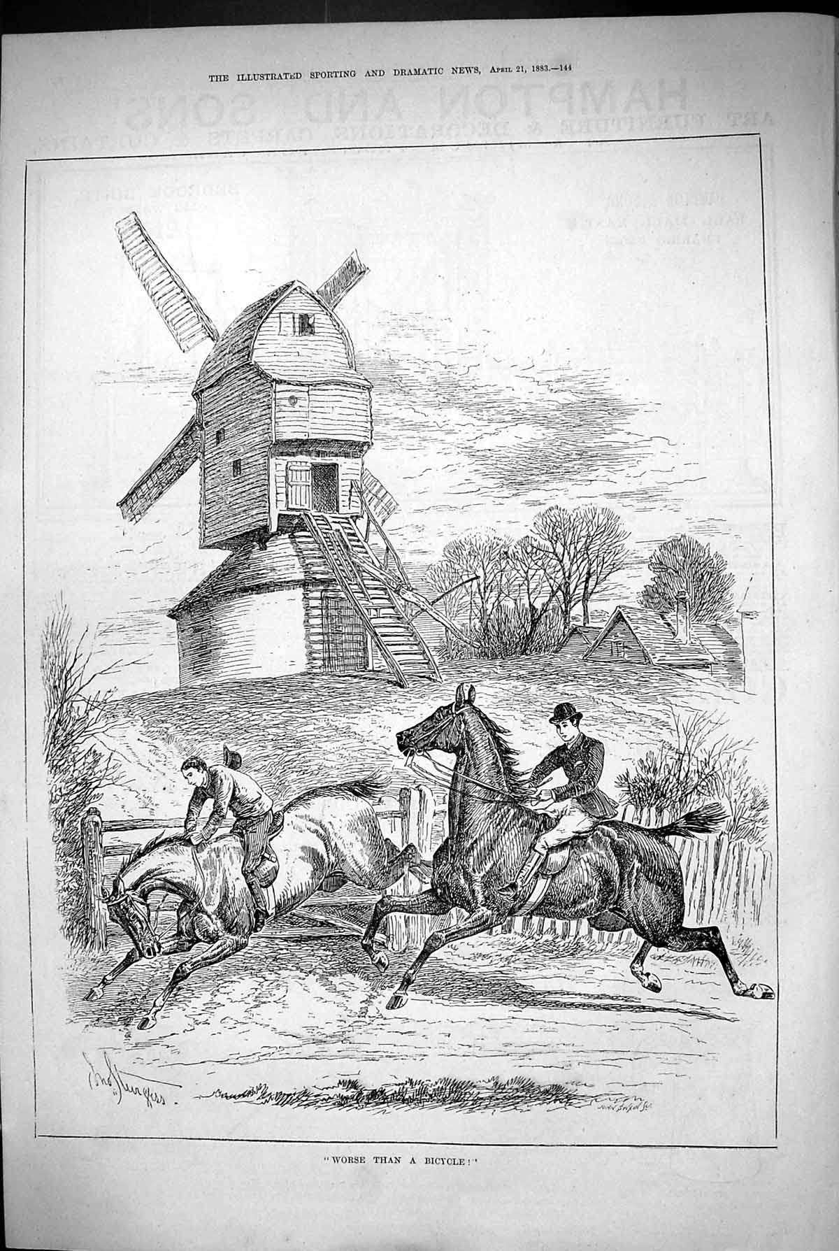 Old 1883 Rearing Horse Countryside Lane Windmill Worse Than A Bicycle Victorian