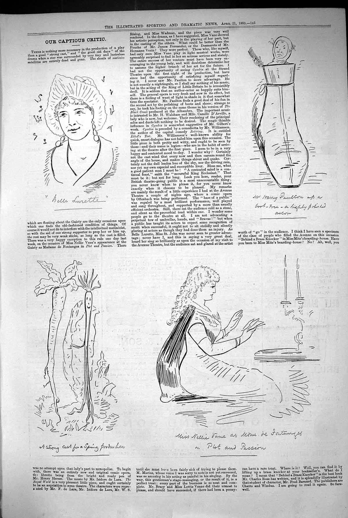 Old Antique Print 1883 Captious Critic Theatre Nellie Vane Harry Paulton 19th