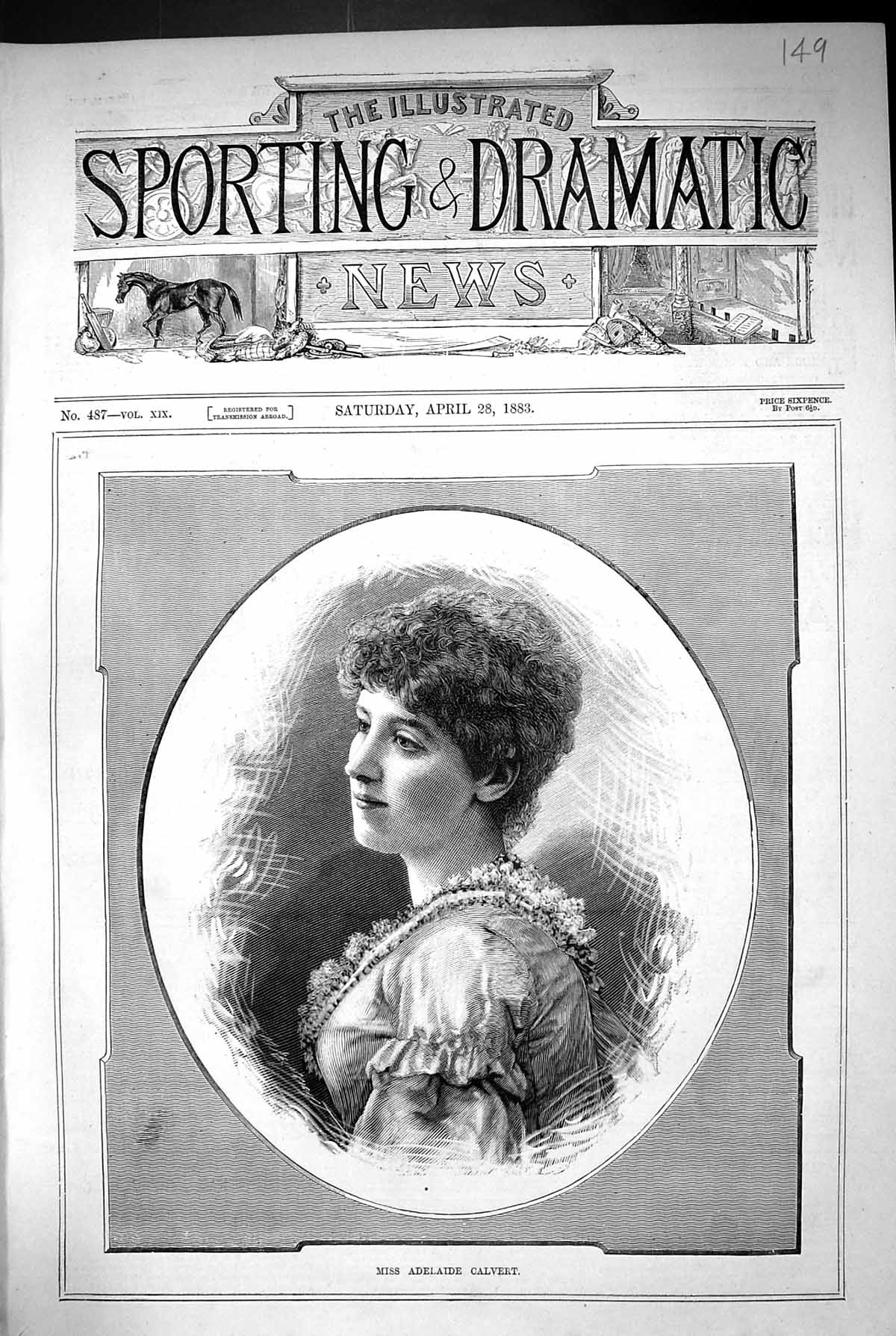 Original Old Antique Print 1883 Portrait Miss Adelaide Calvert Beautiful Woman
