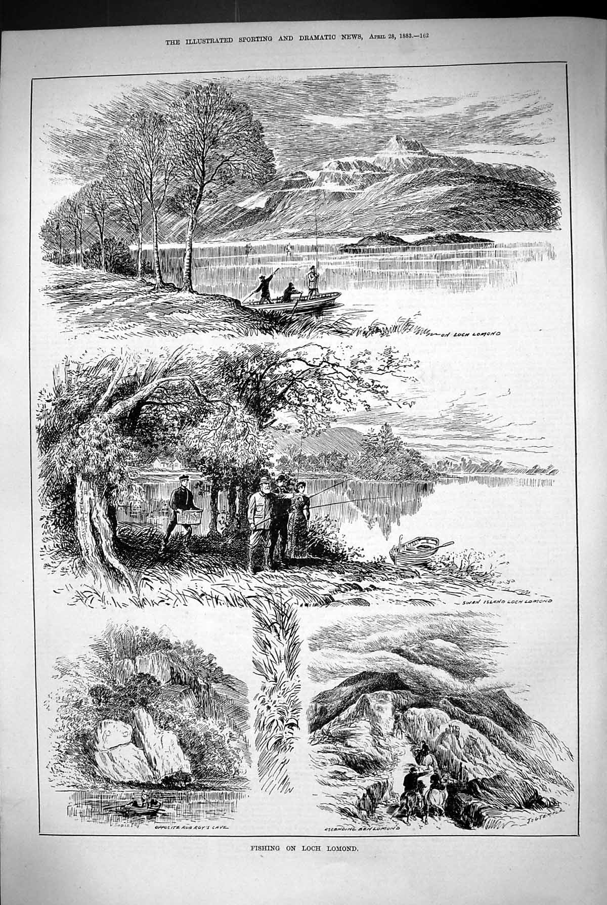 Old 1883 Fishing Loch Lomond Scotland Rob Roy'S Cave Mountains Swan I Victorian