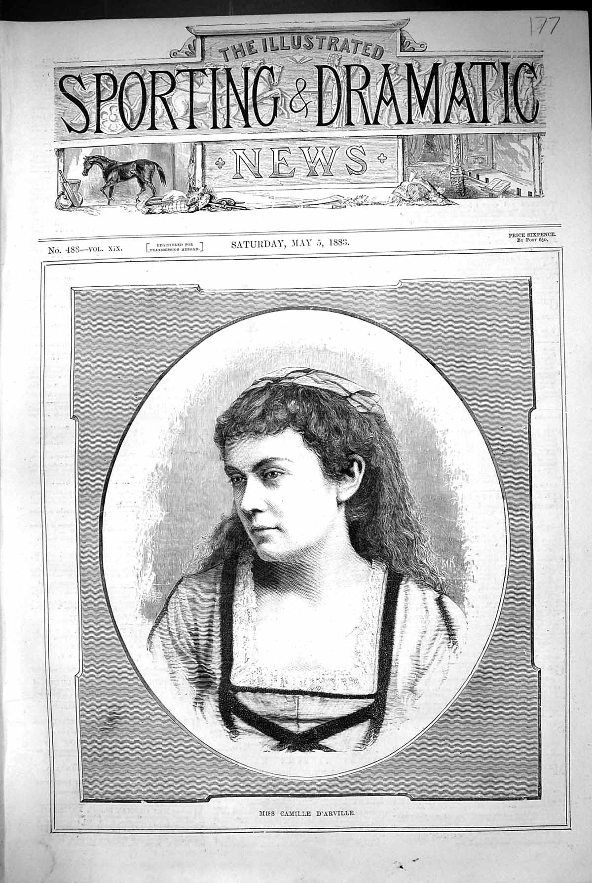 Original Old Antique Print 1883 Portrait Miss Camile D'Arville Beautiful Woman