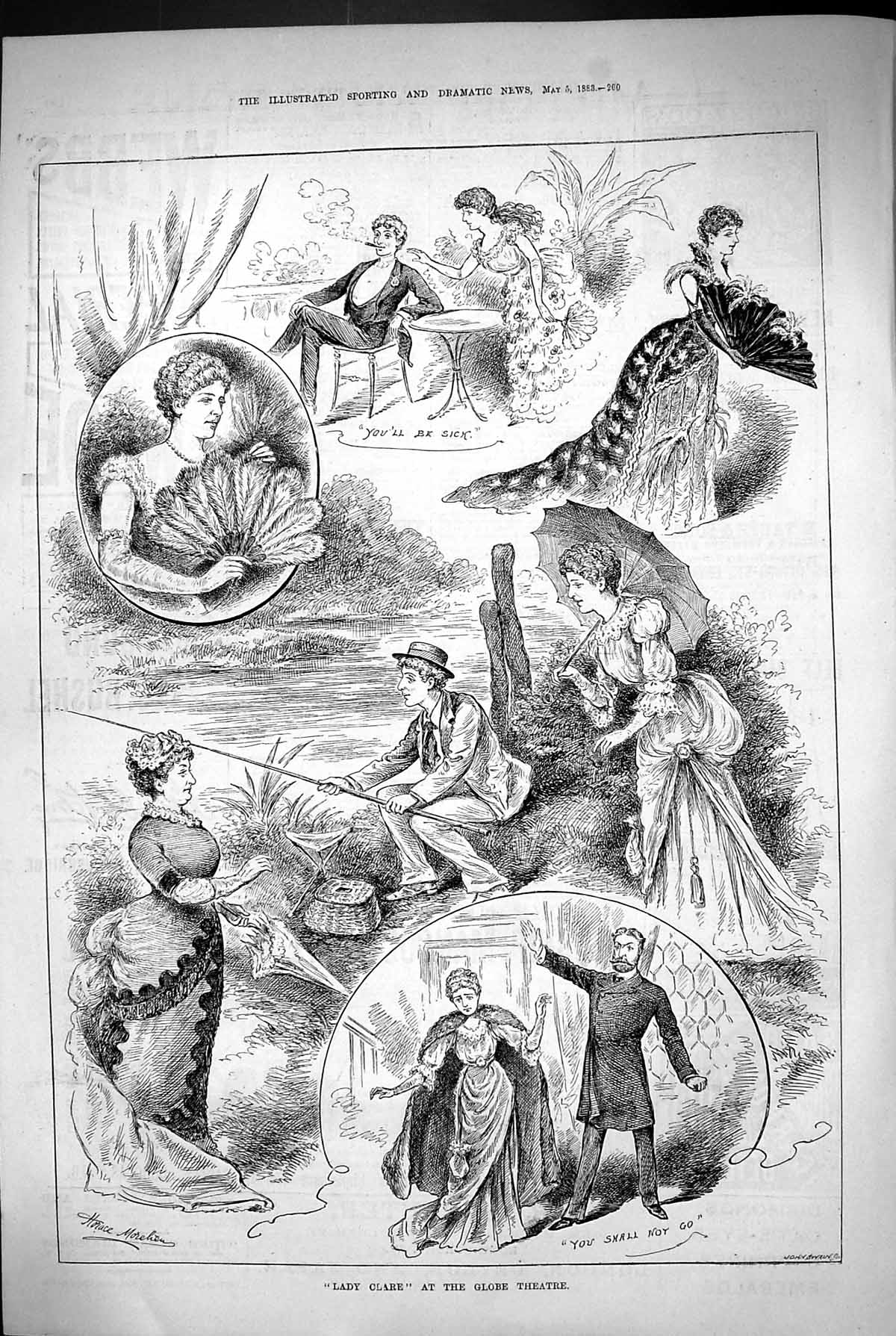 Original Old Antique Print 1883 Lady Clare Scene Globe Theatre Actors Victorian