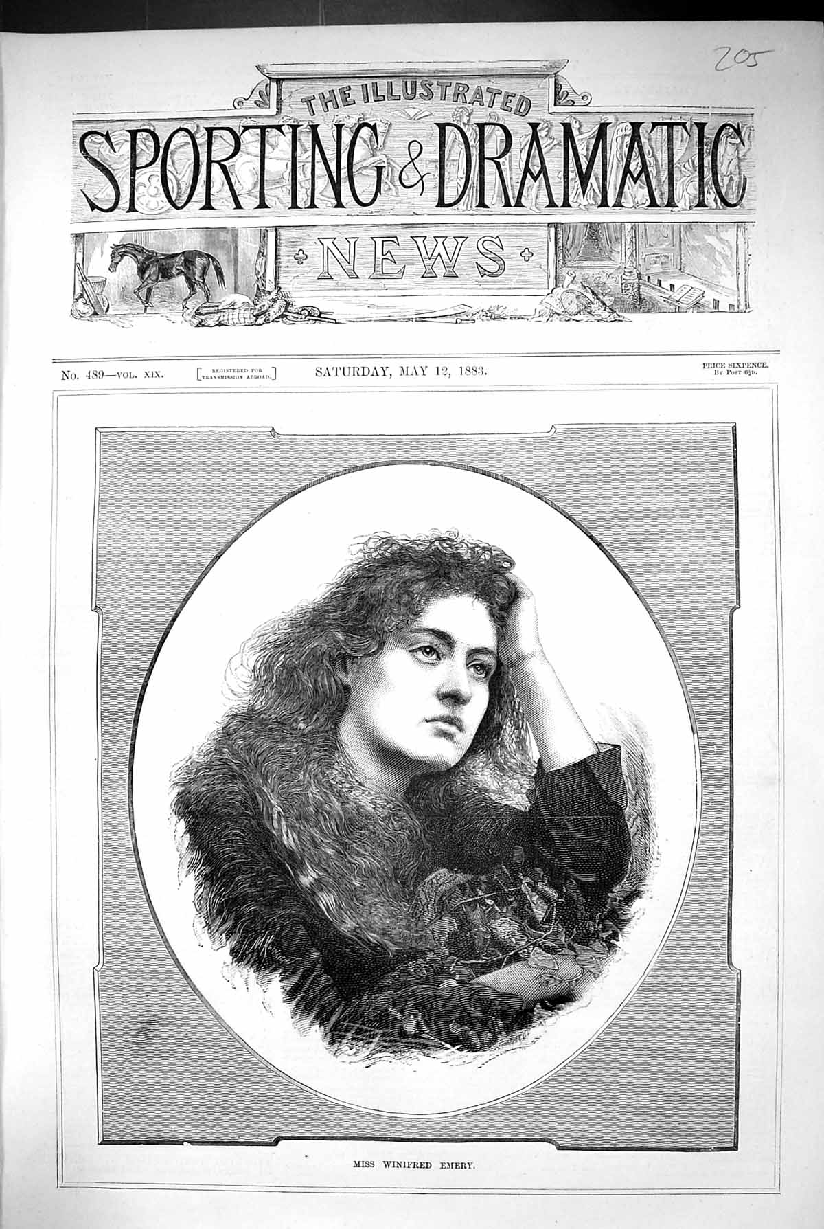 Original Old Antique Print 1883 Portrait Miss Winifred Emery Beautiful Woman