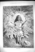 Original Old Antique Print 1883 Spring Flowers Young Girl Garden Scene 19th