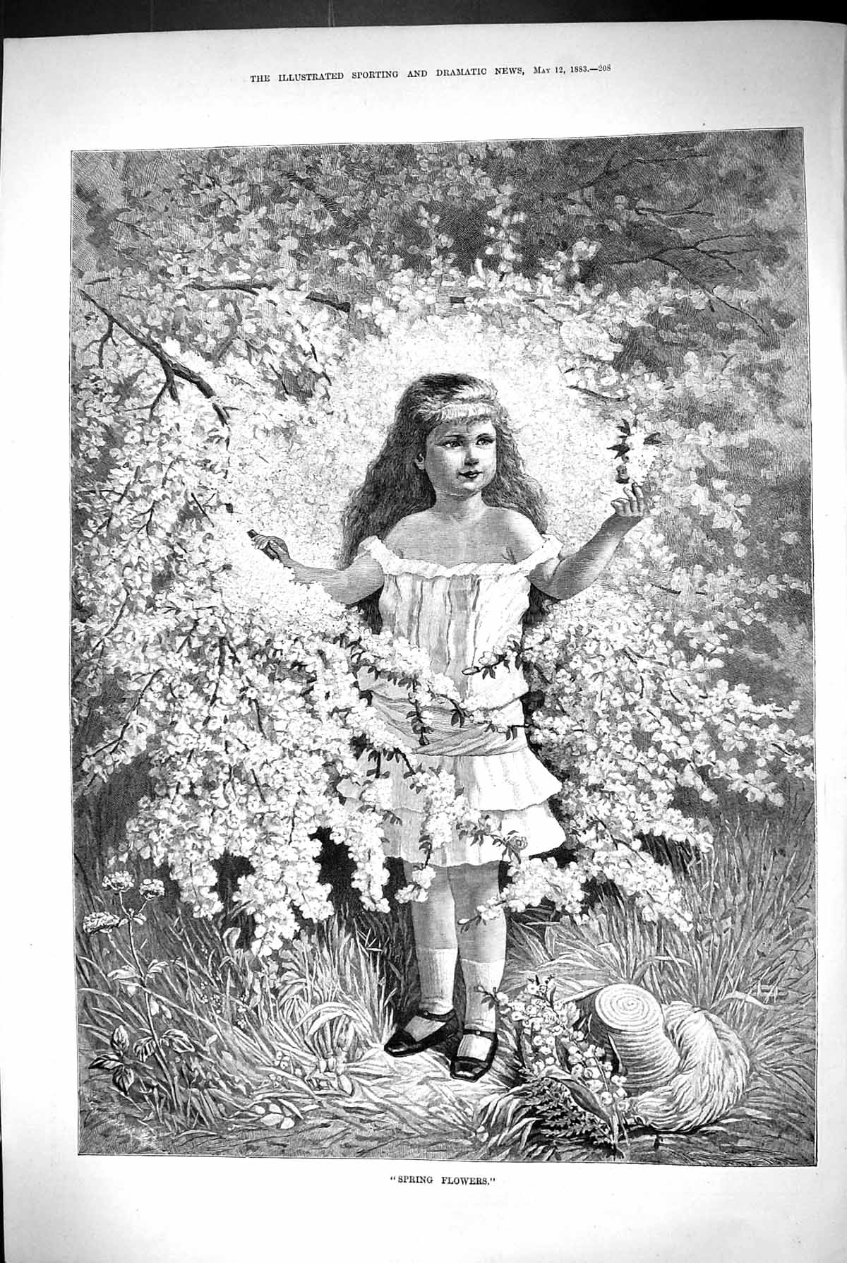 Original Old Antique Print 1883 Spring Flowers Young Girl Garden Scene 19th