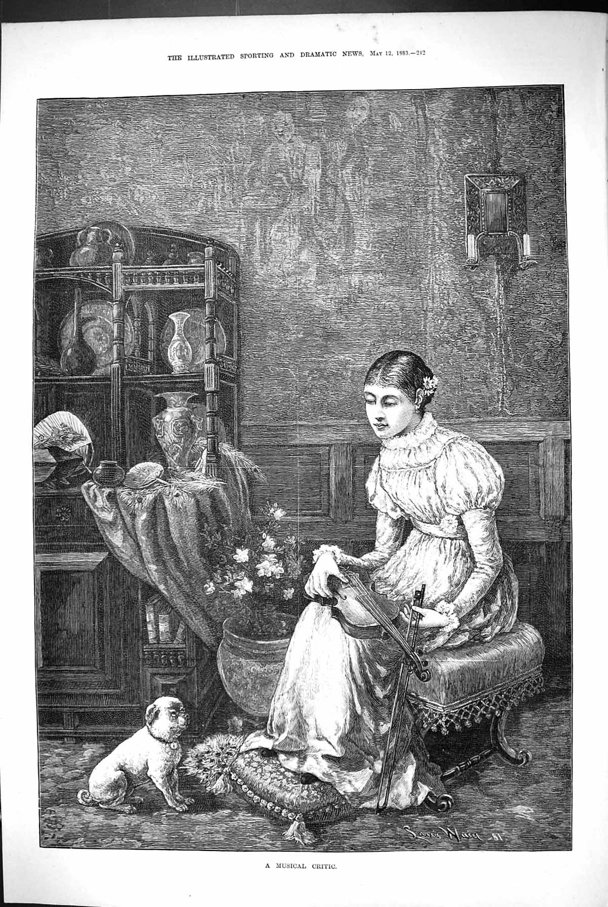 Antique Old Print 1883 Musical Critic Pet Dog Young Woman Music Instrument 19th