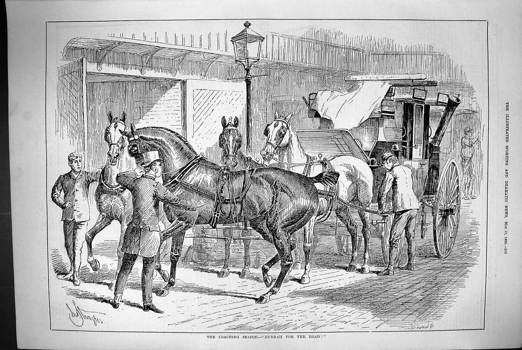 Original Old Antique Print 1883 Coaching Season Horses Transport Coach 19th