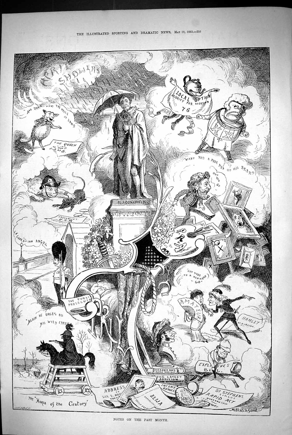 Original Old Antique Print 1883 Notes The Month Beaconsfield Hamlet Theatre