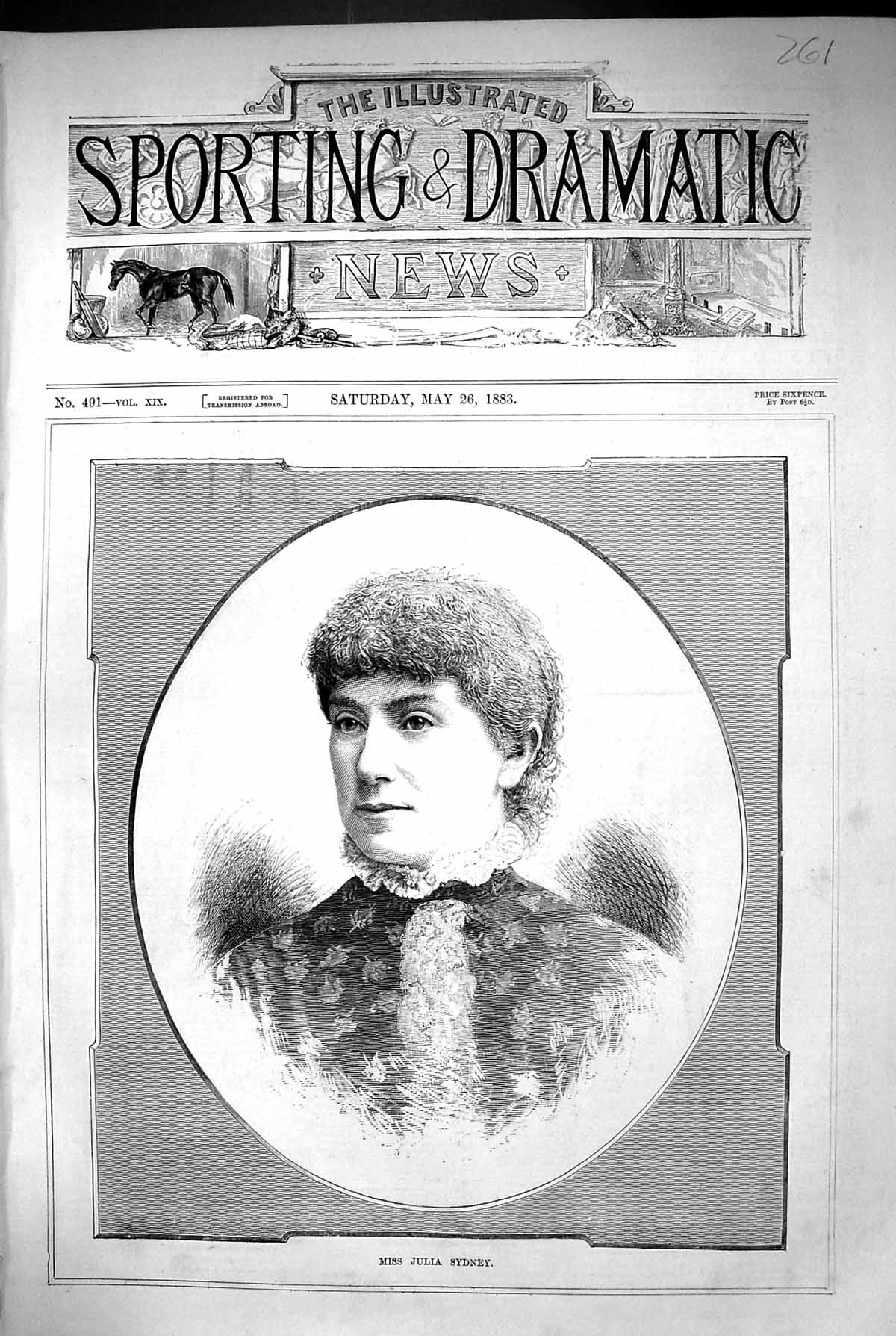 Original Old Antique Print 1883 Portrait Miss Julia Sydney Beautiful Woman 19th