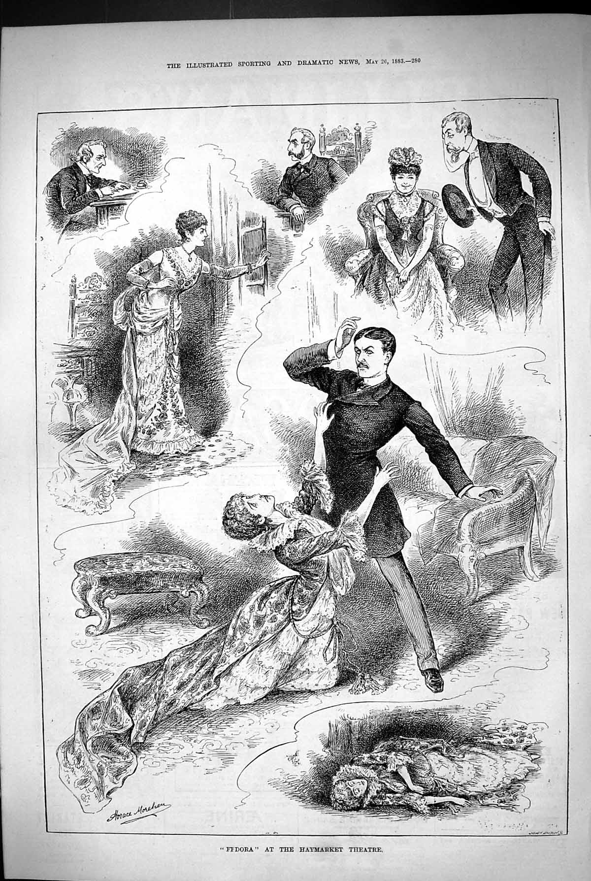 Original Old Antique Print 1883 Scene Fedora Haymarket Theatre Actors Romance