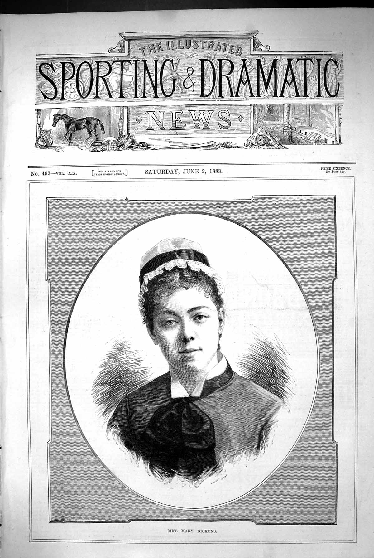 Original Old Antique Print 1883 Portrait Miss Mary Dickens Beautiful Woman 19th