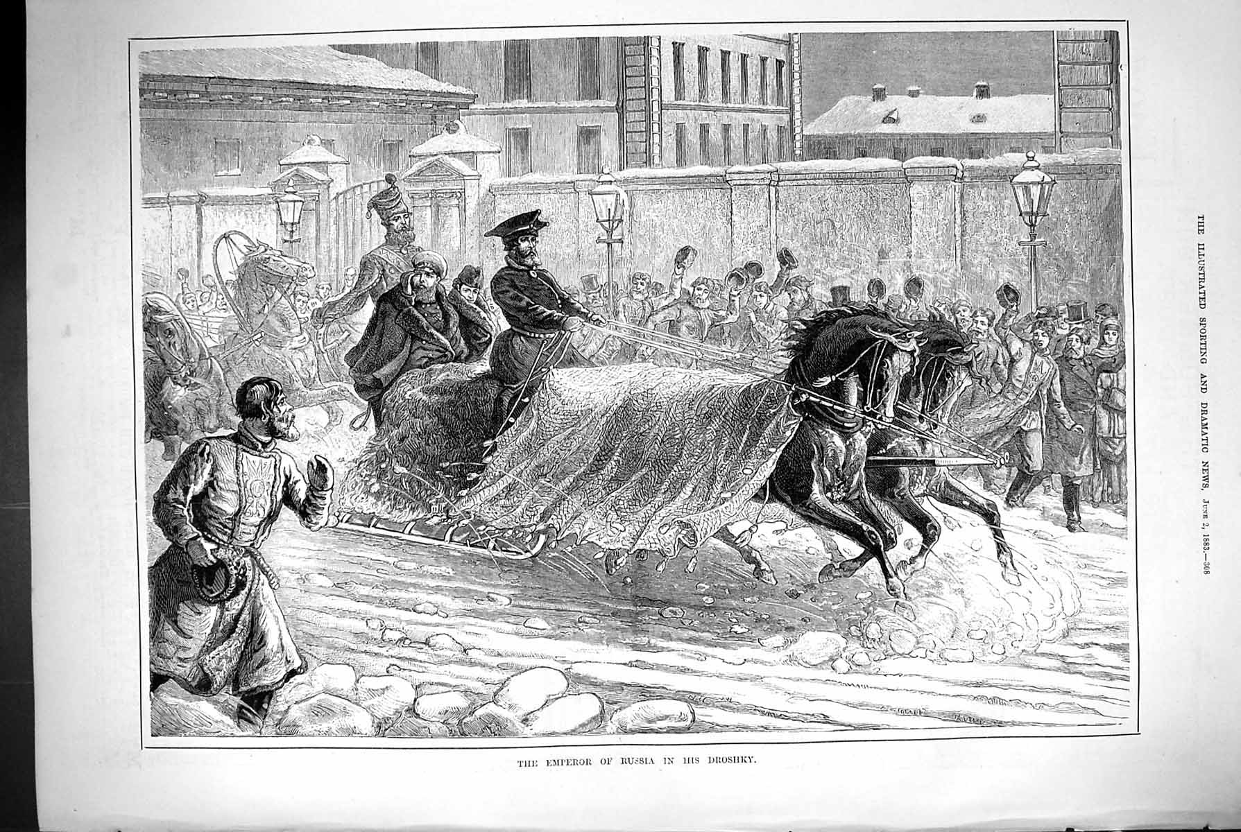 Original Old Antique Print 1883 Emperor Russia Droshky Horses Transport Coach