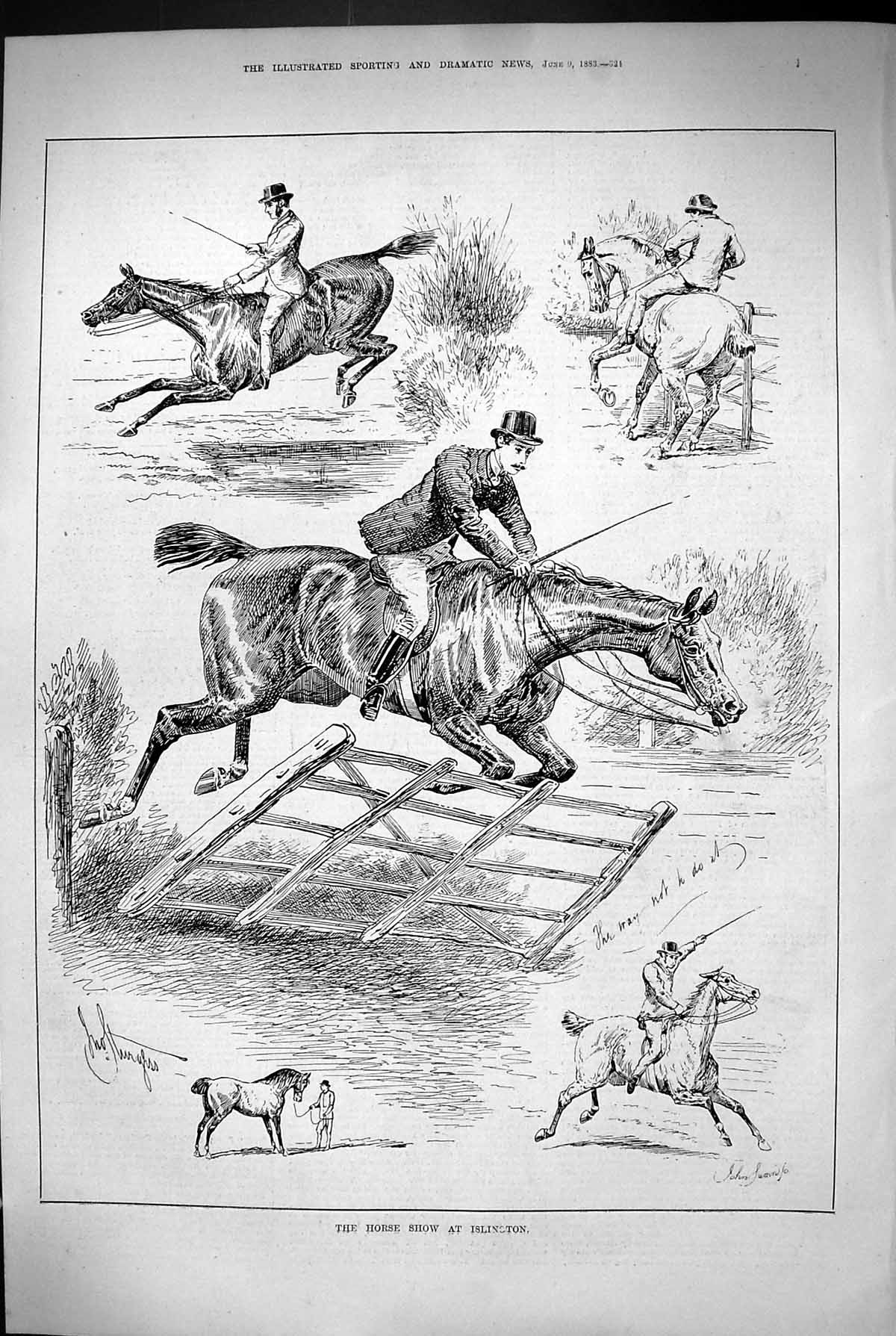 Original Old Antique Print 1883 Horse Show Islington Jumping Fence Sport 19th