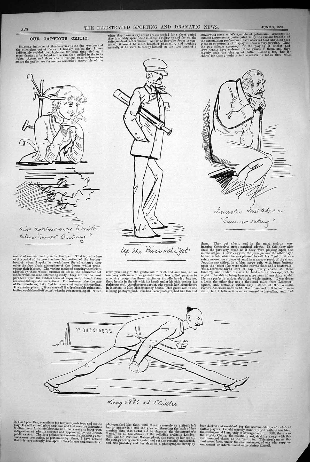 Antique Old Print 1883 Captious Critic Theatre Smith Long Odds Skittles Sport