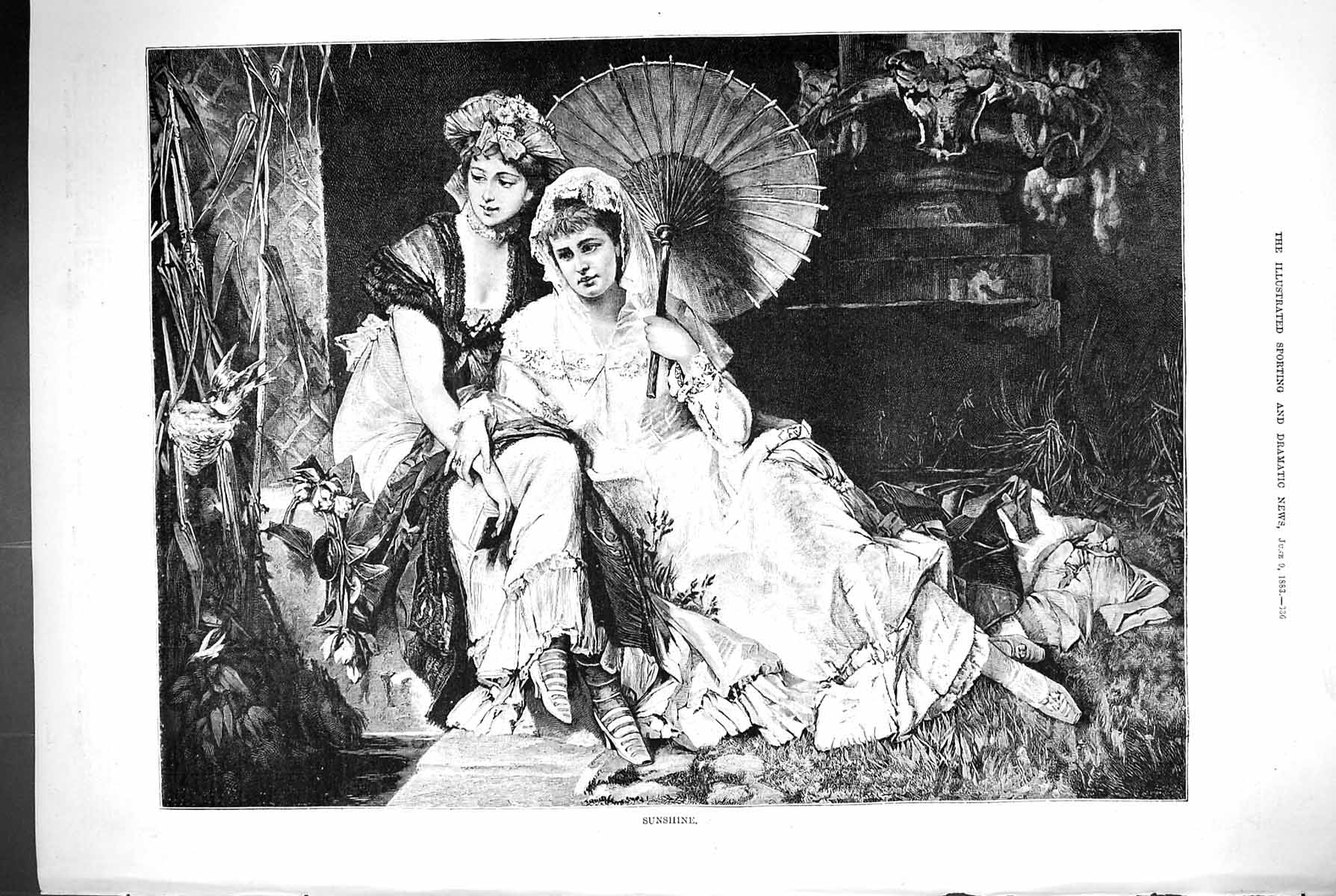 Original Old Antique Print 1883 Sunshine Ladies Parasol Garden Scene Victorian