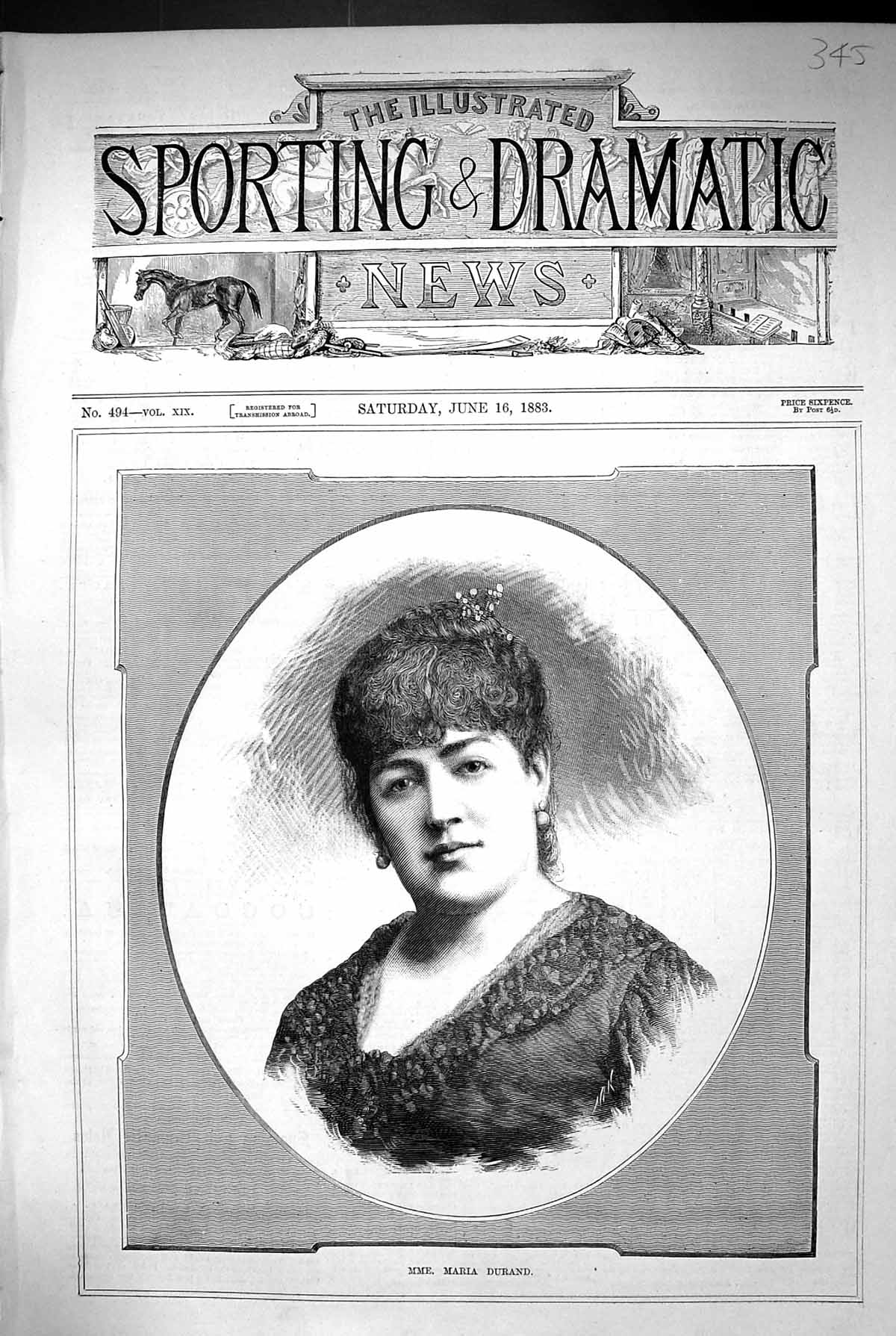 Original Old Antique Print 1883 Portrait Mme. Maria Durand Beautiful Woman 19th