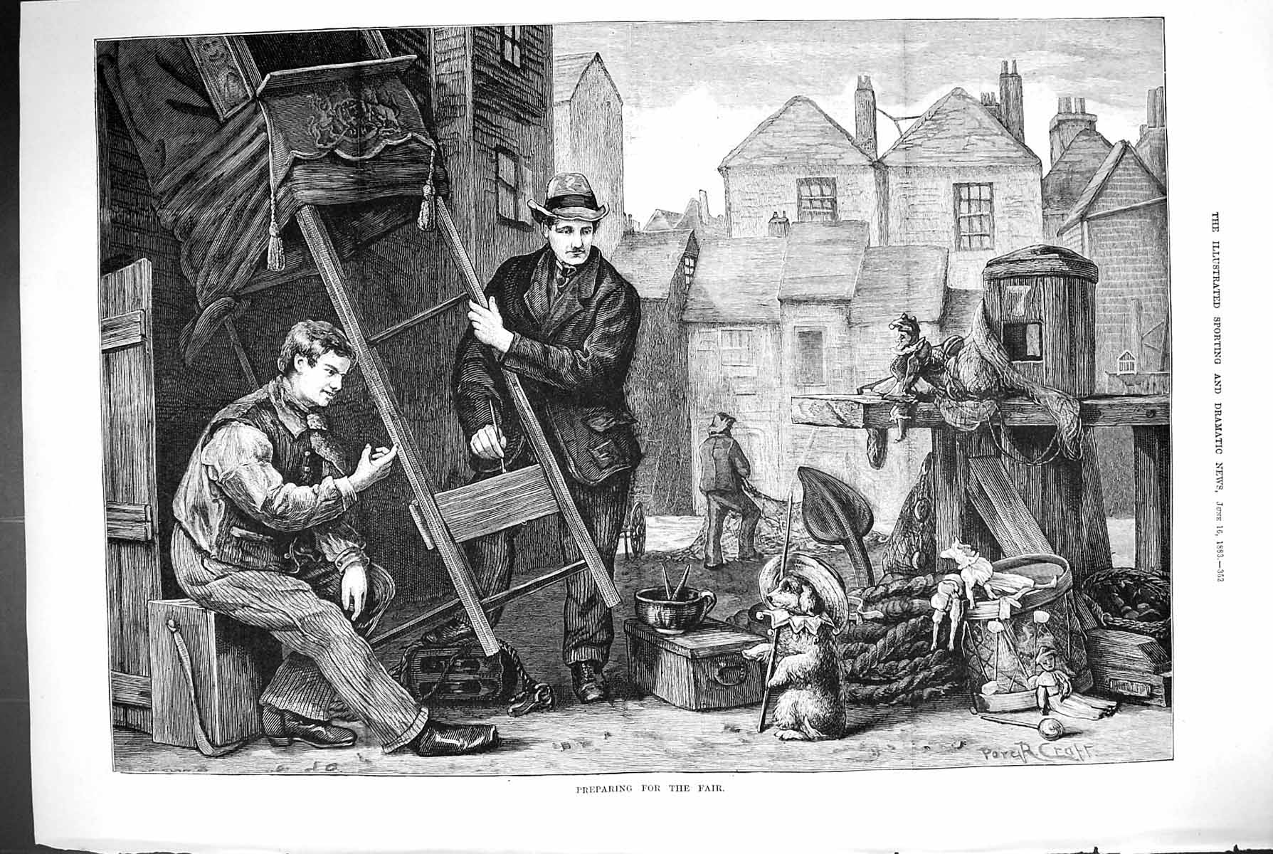 Antique Old Print 1883 Men Prepairing For The Fair Entertainer Performing Dog