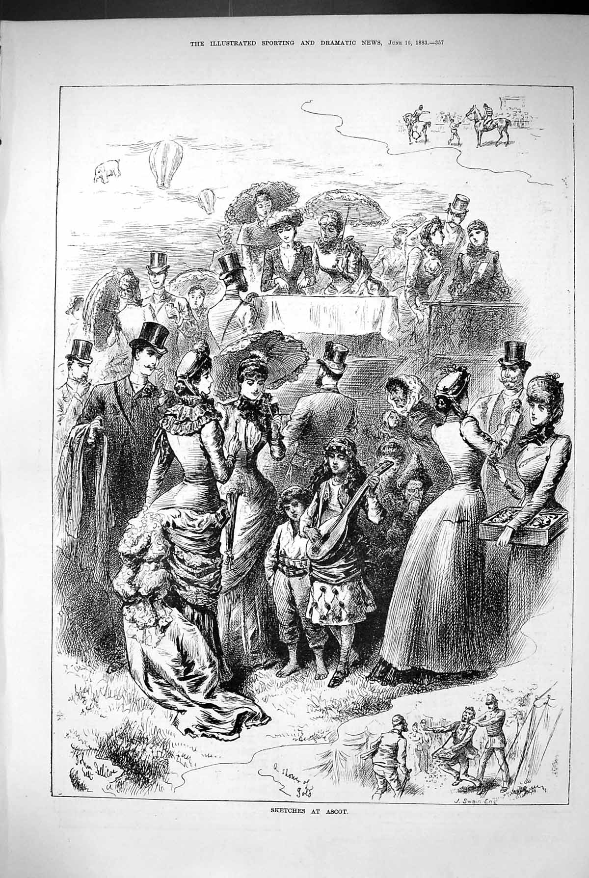 Original Old Antique Print 1883 Ascot Horse Racing Sport Spectators Victorian