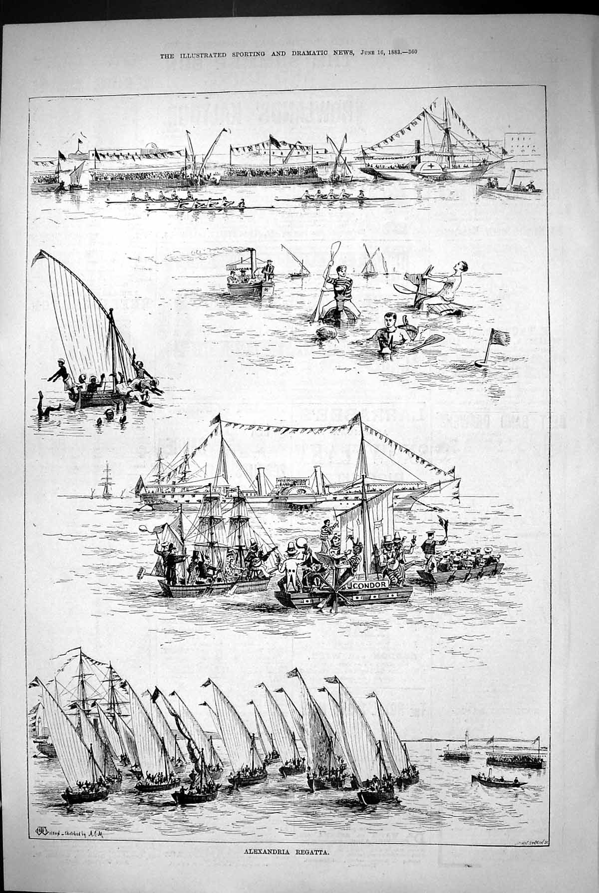 Original Old Antique Print 1883 Alexandra Regatta Sailing Yachts Sport 19th