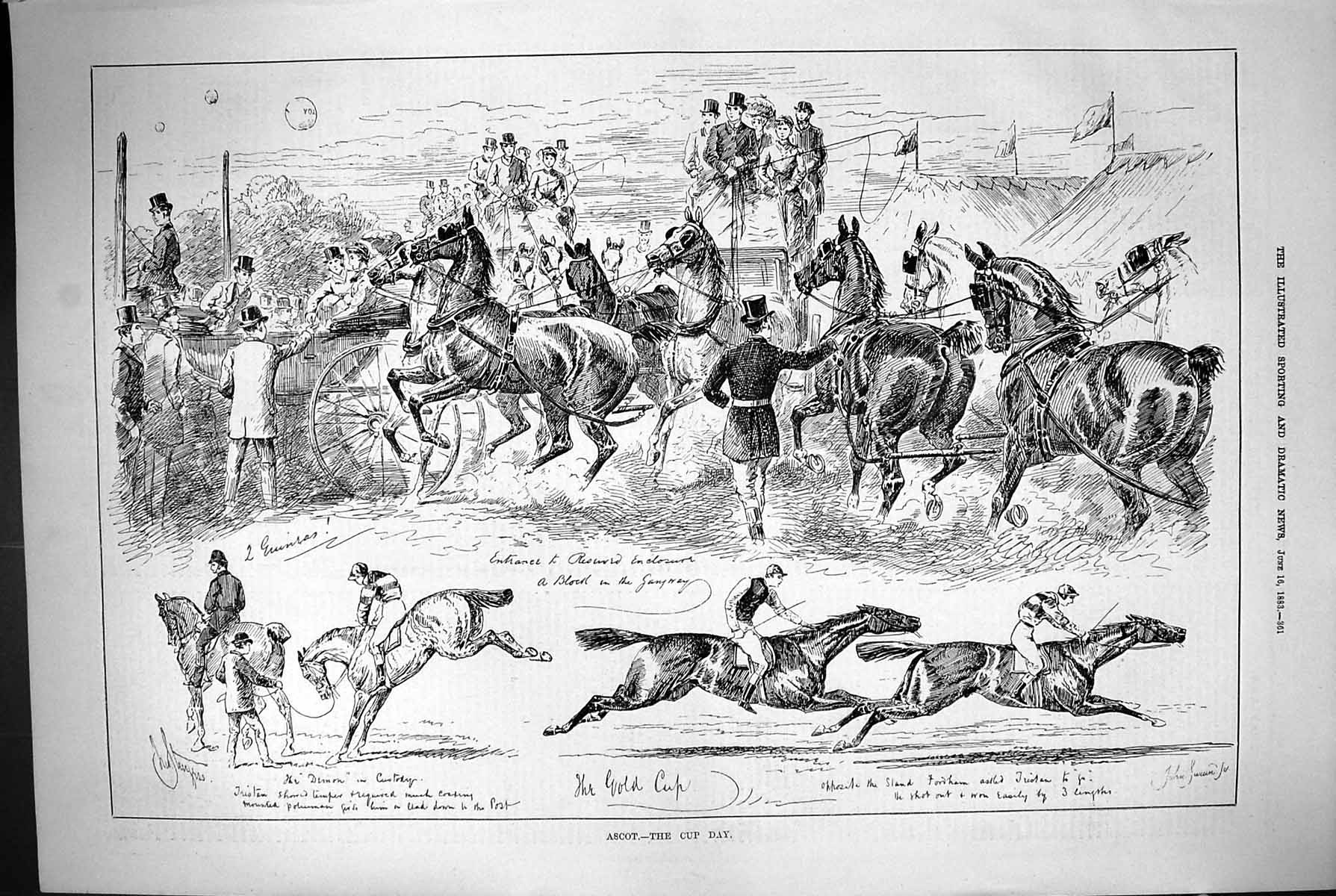 Original Old Antique Print 1883 Ascot Horse Racing GCup Sport John Swain 19th