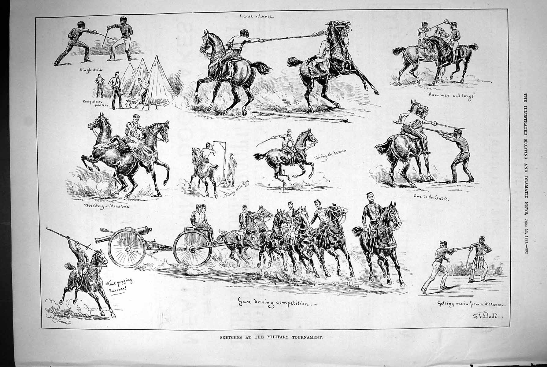 Old Print 1883 Military Tournament Horses Siers Wrestling Sword Tent Peg 19th