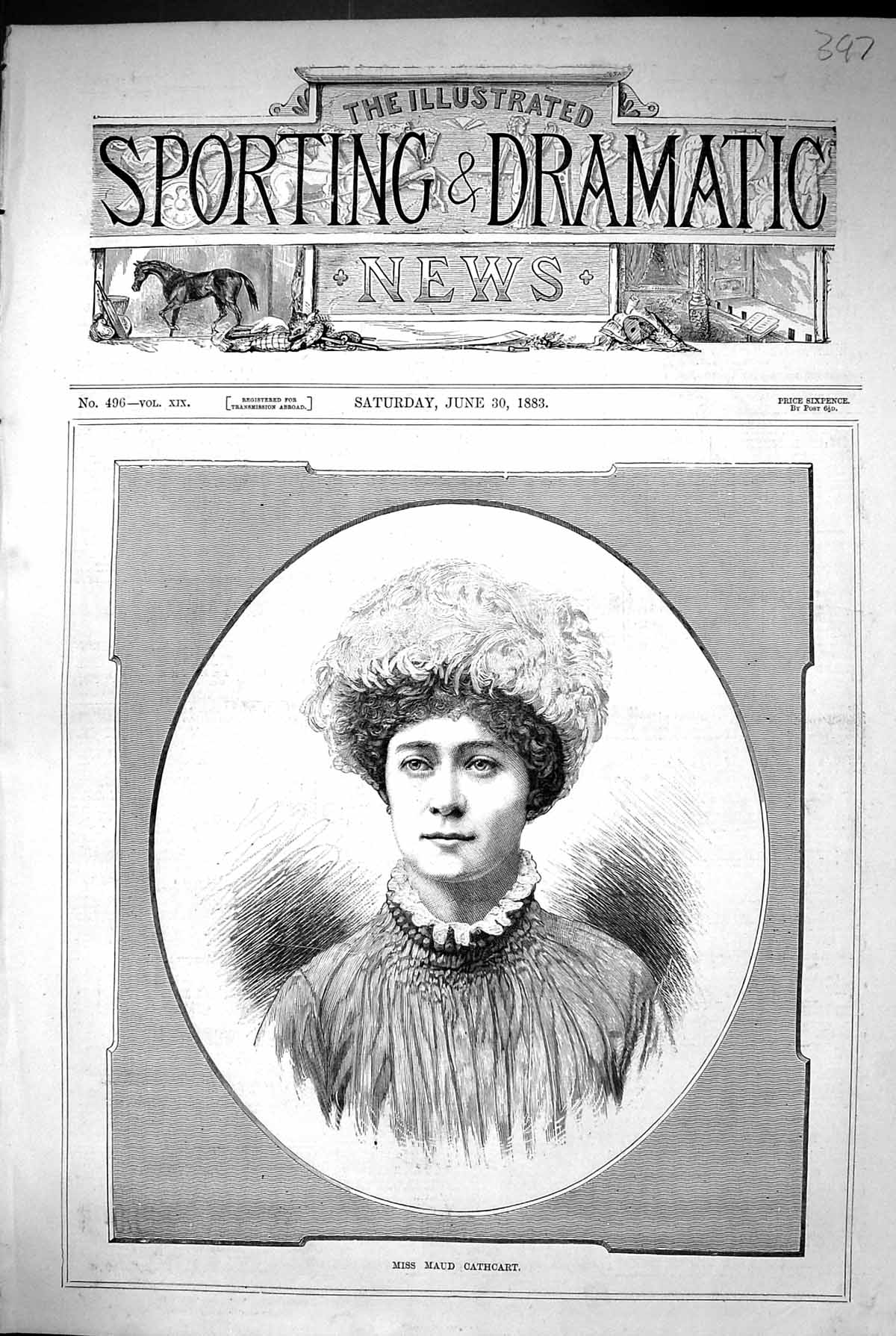 Original Old Antique Print 1883 Portrait Miss Maud Cathcart Beautiful Woman