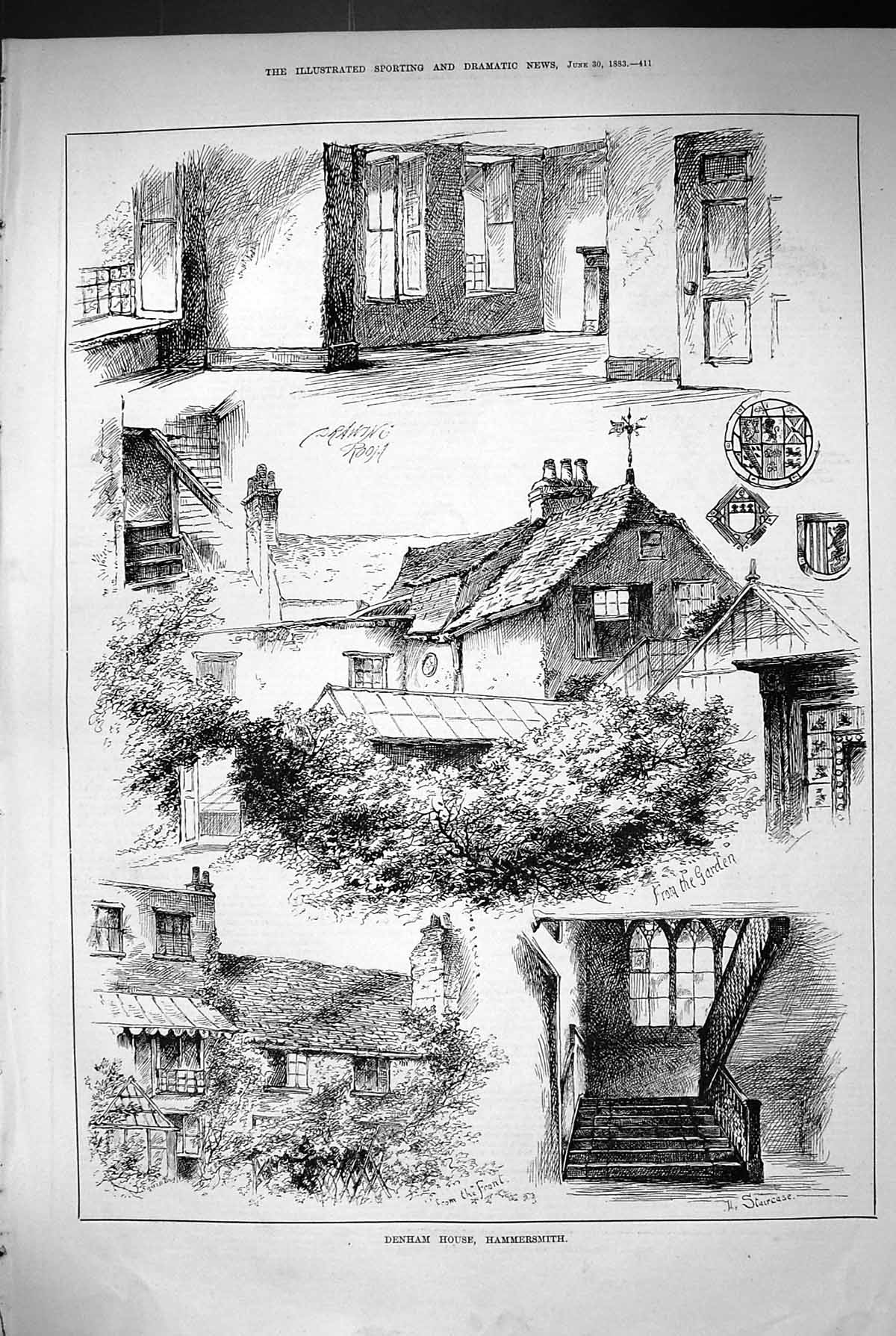 Original Old Antique Print 1883 Denham House Hammersmith Staircase Drawing Room