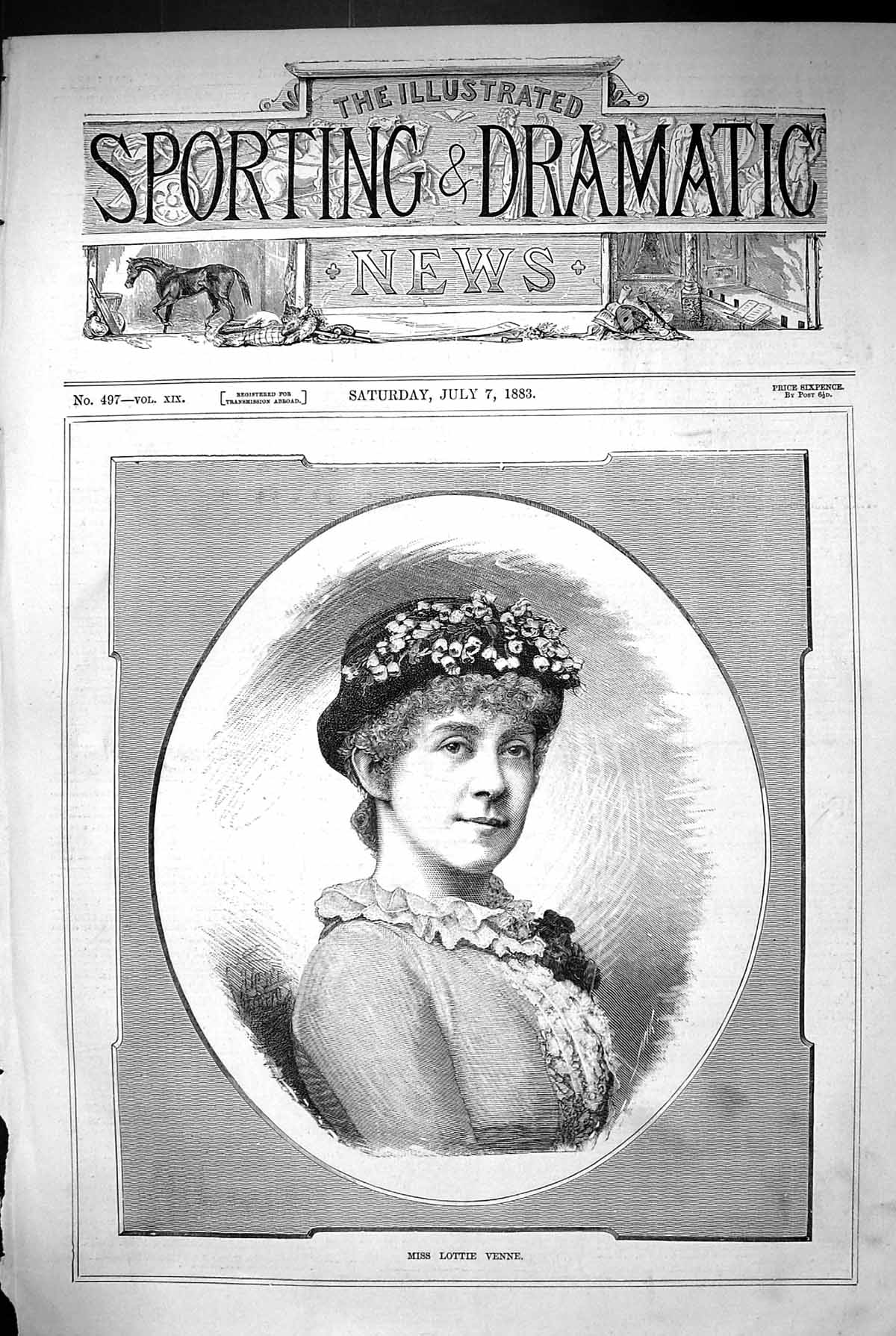 Original Old Antique Print 1883 Portrait Miss Lottie Venne Beautiful Woman 19th