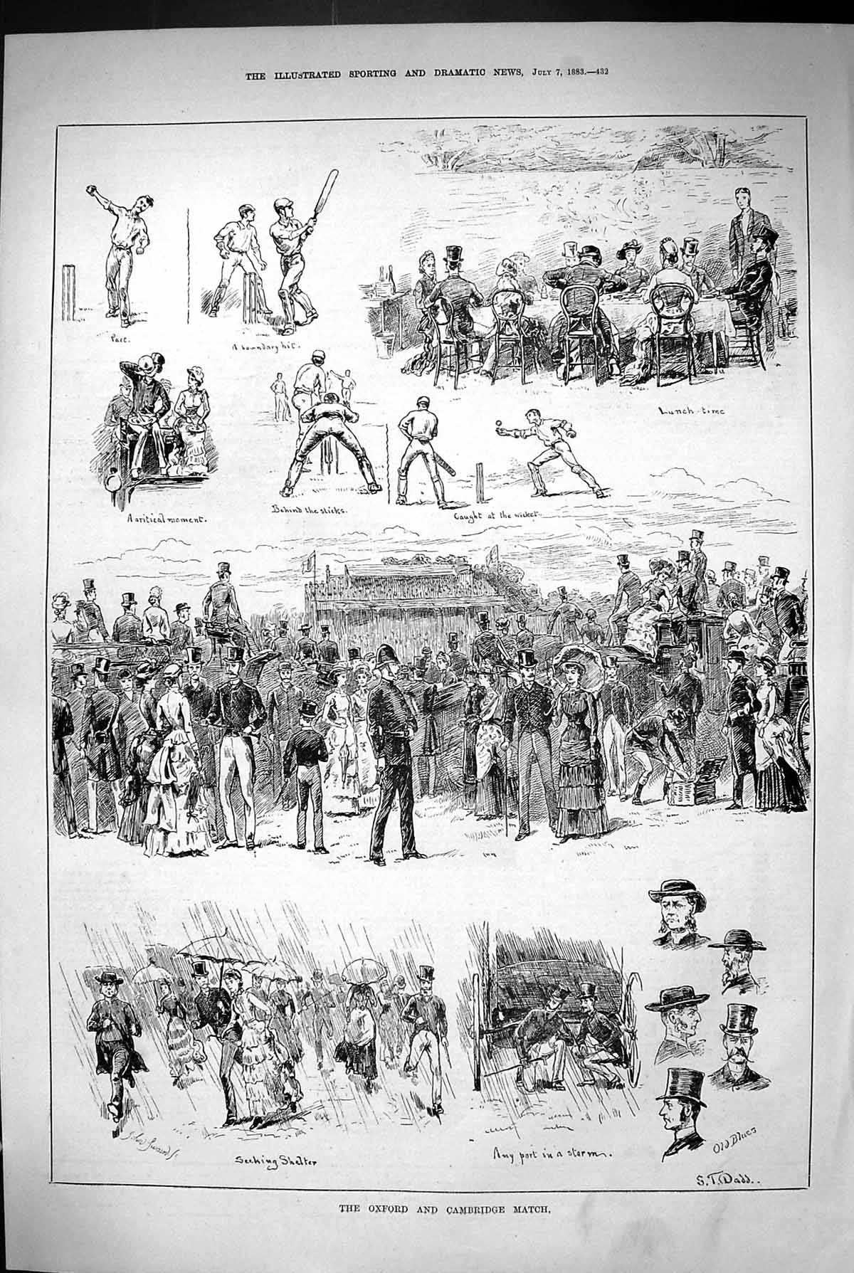 Original Old Antique Print 1883 Oxford Cambridge Cricket Match Sport Blues 19th