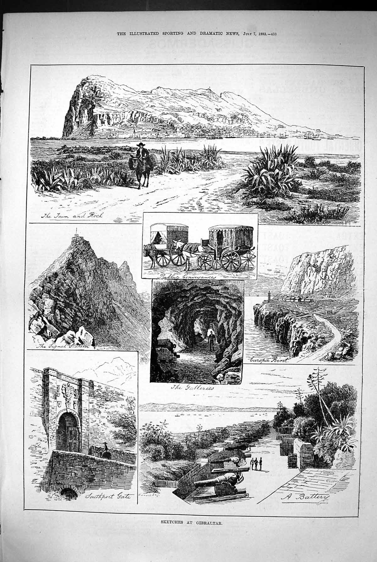 Old Print 1883 Rock Gibraltar Southport Gate Europa Point Signal Station 19th