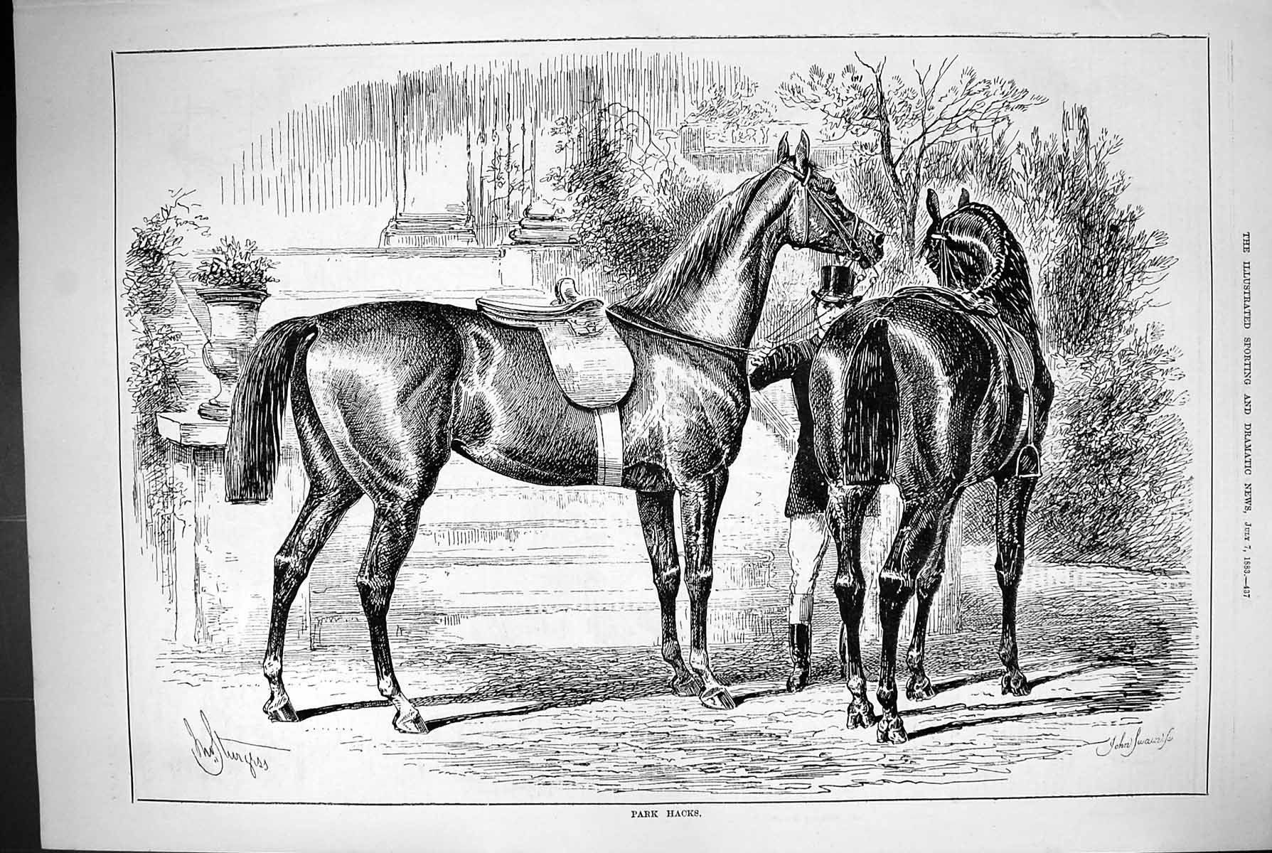 Original Old Antique Print 1883 Horses Park Hacks Hunting Huntsman Victorian