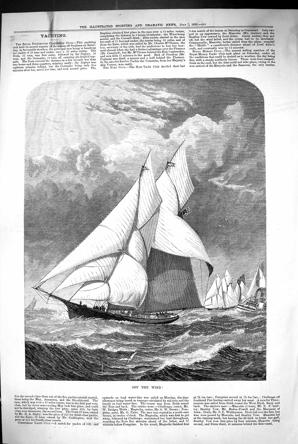Original Old Antique Print 1883 Off The Wind Sailing Yacht Sea Scene Victorian