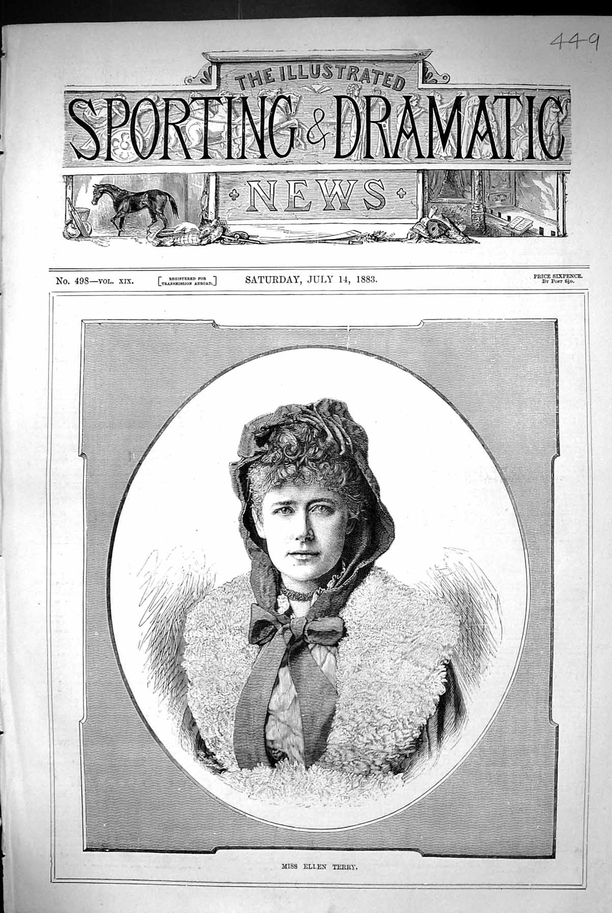 Original Old Antique Print 1883 Portrait Miss Ellen Terry Beautiful Woman 19th