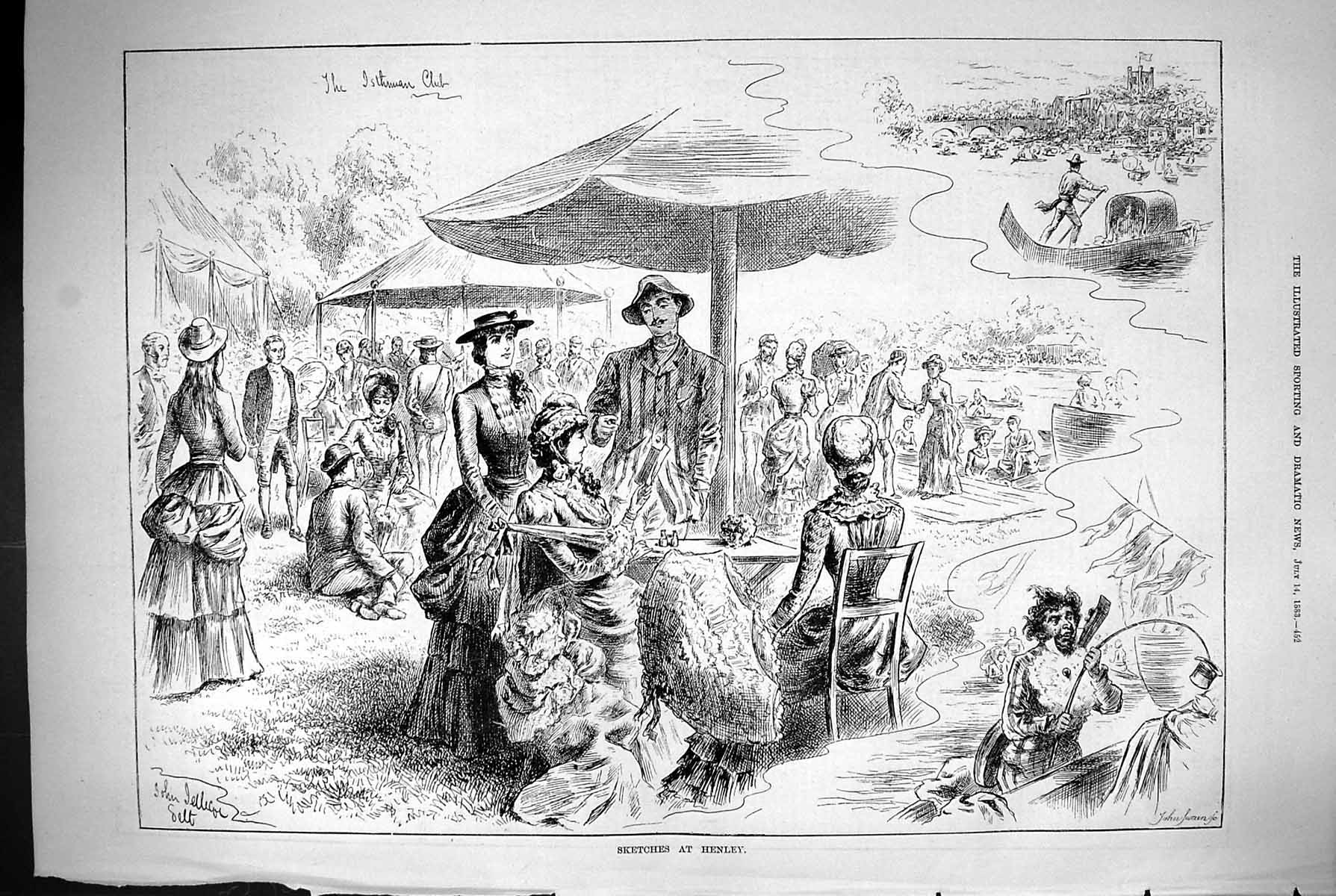 Original Old Antique Print 1883 Sketches Henley Regatta River Boats Victorian
