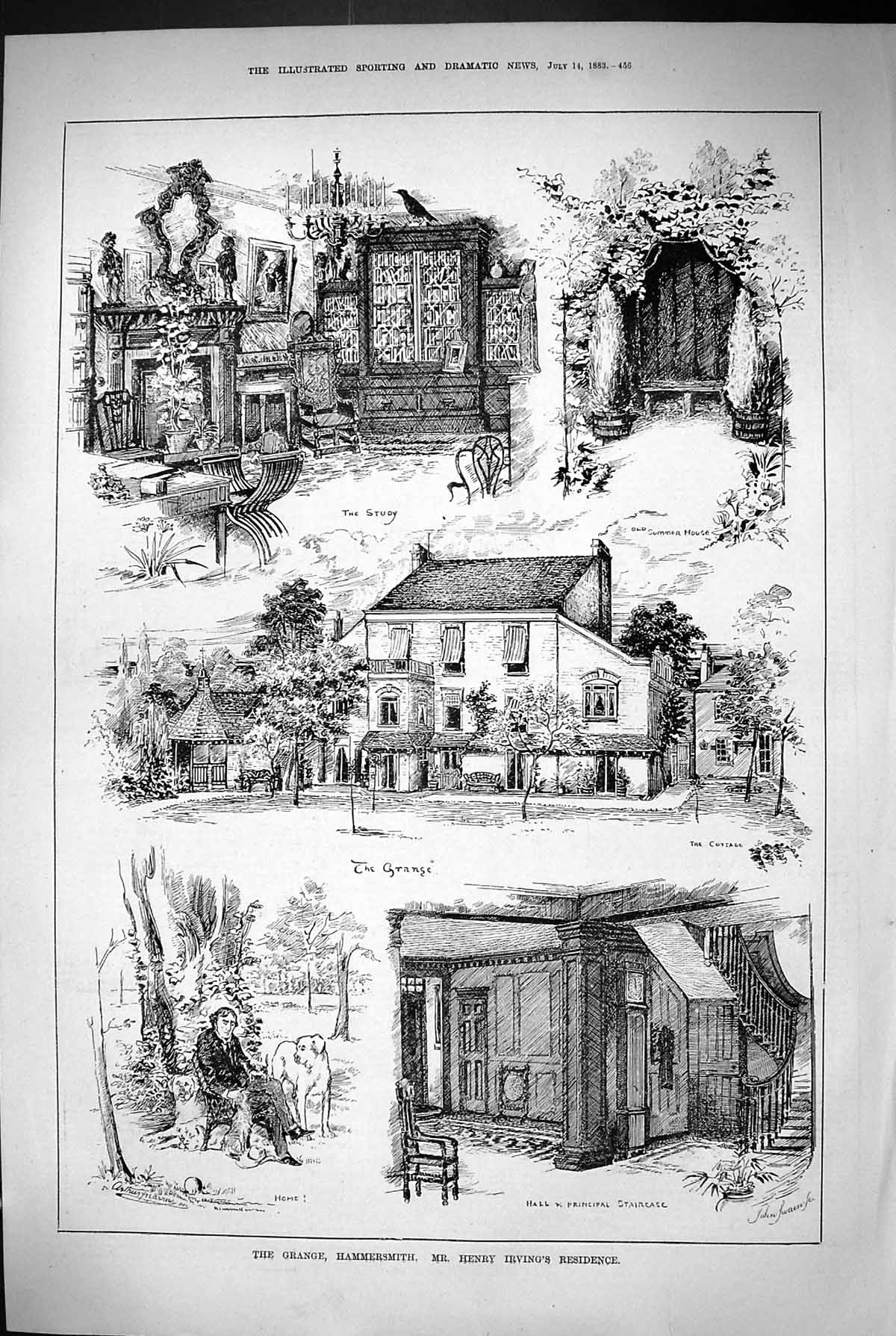 Original Old Antique Print 1883 Grange Hammersmith Mr Henry Irving Residence