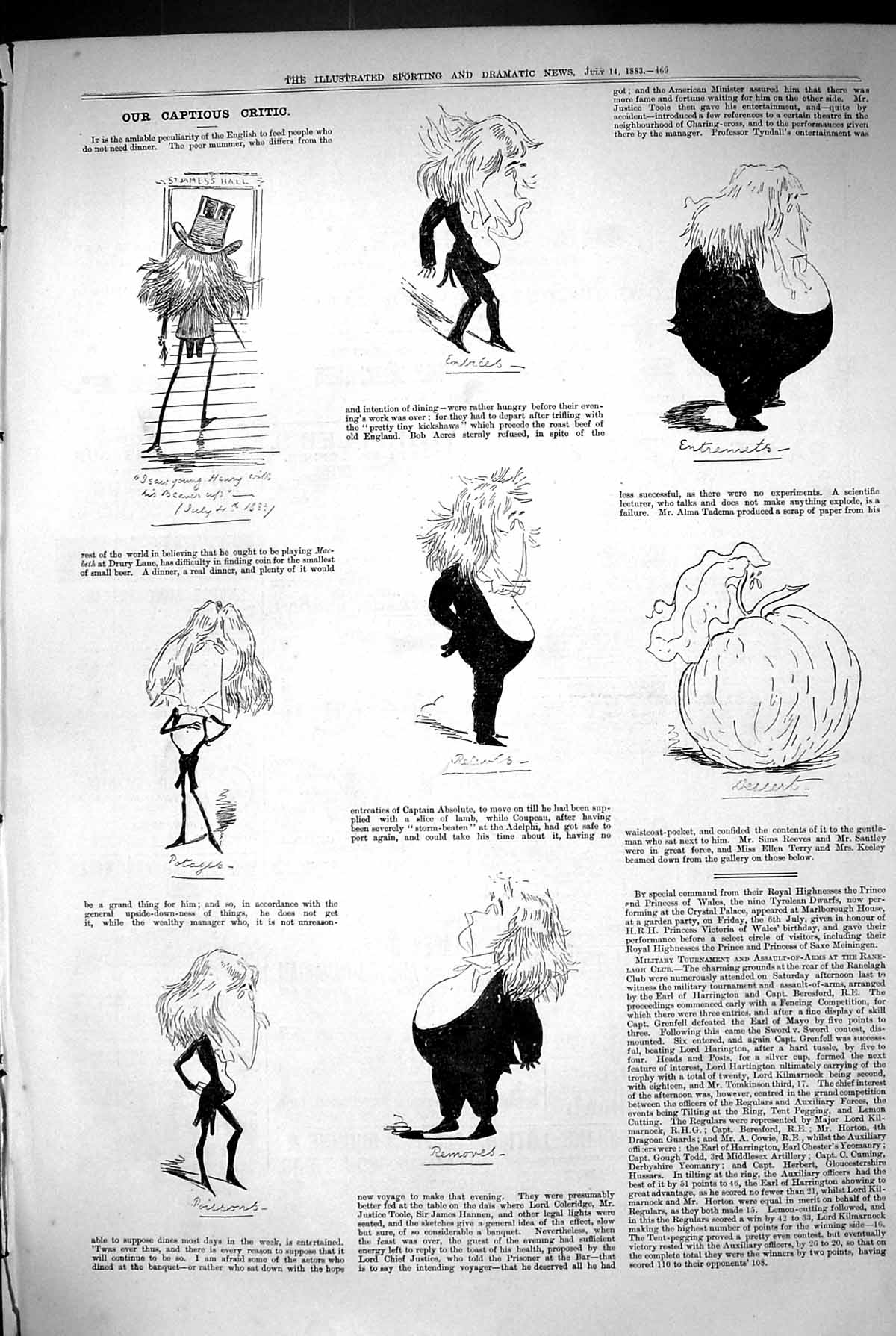Original Old Antique Print 1883 Captious Critic Drury Lane Theatre Sketches