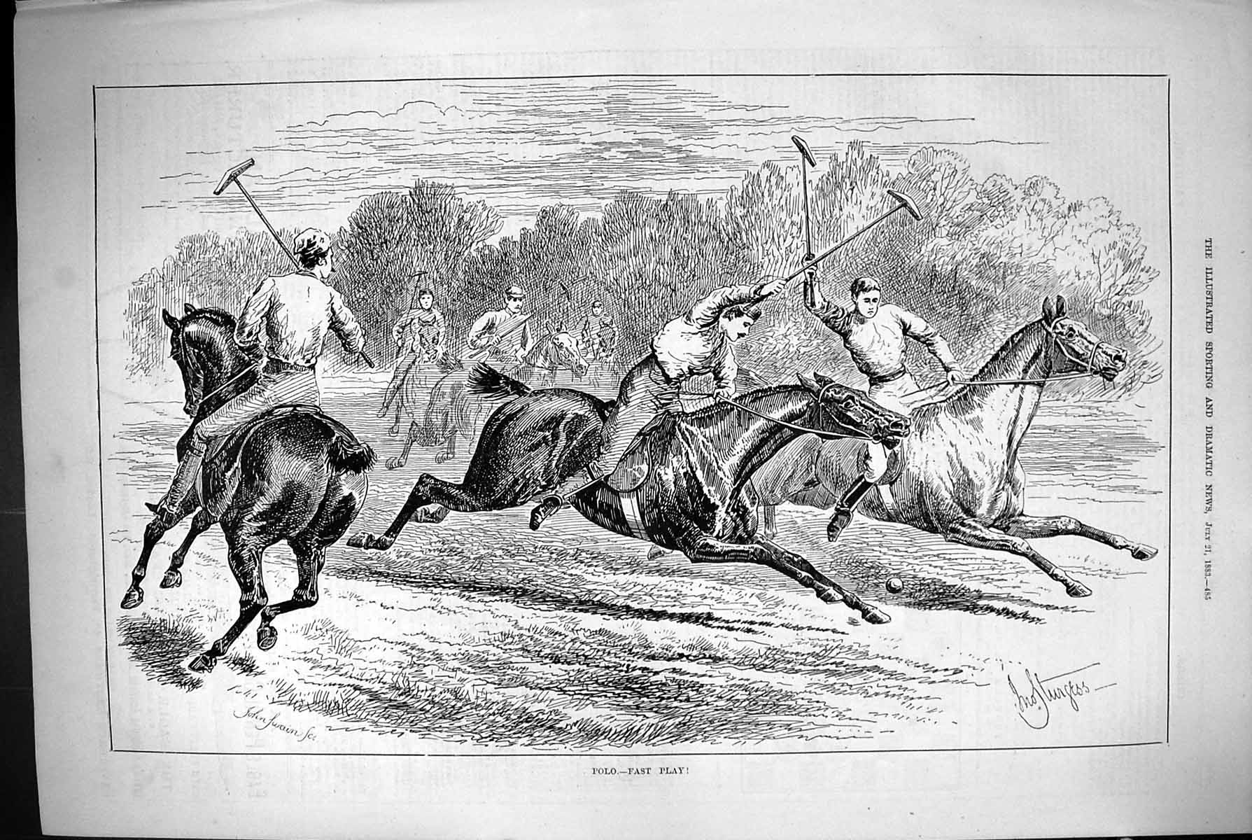 Original Old Antique Print 1883 Polo Ponies Horses Sport Sportsmen Victorian