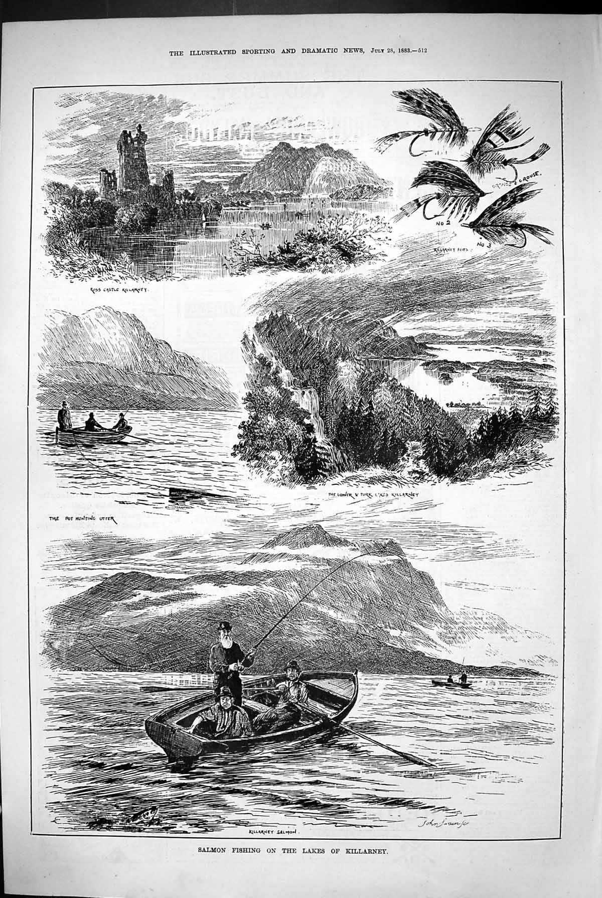 Old 1883 Salmon Fishing Lakes Killarney Ross Castle Hunting Otter Fli Victorian