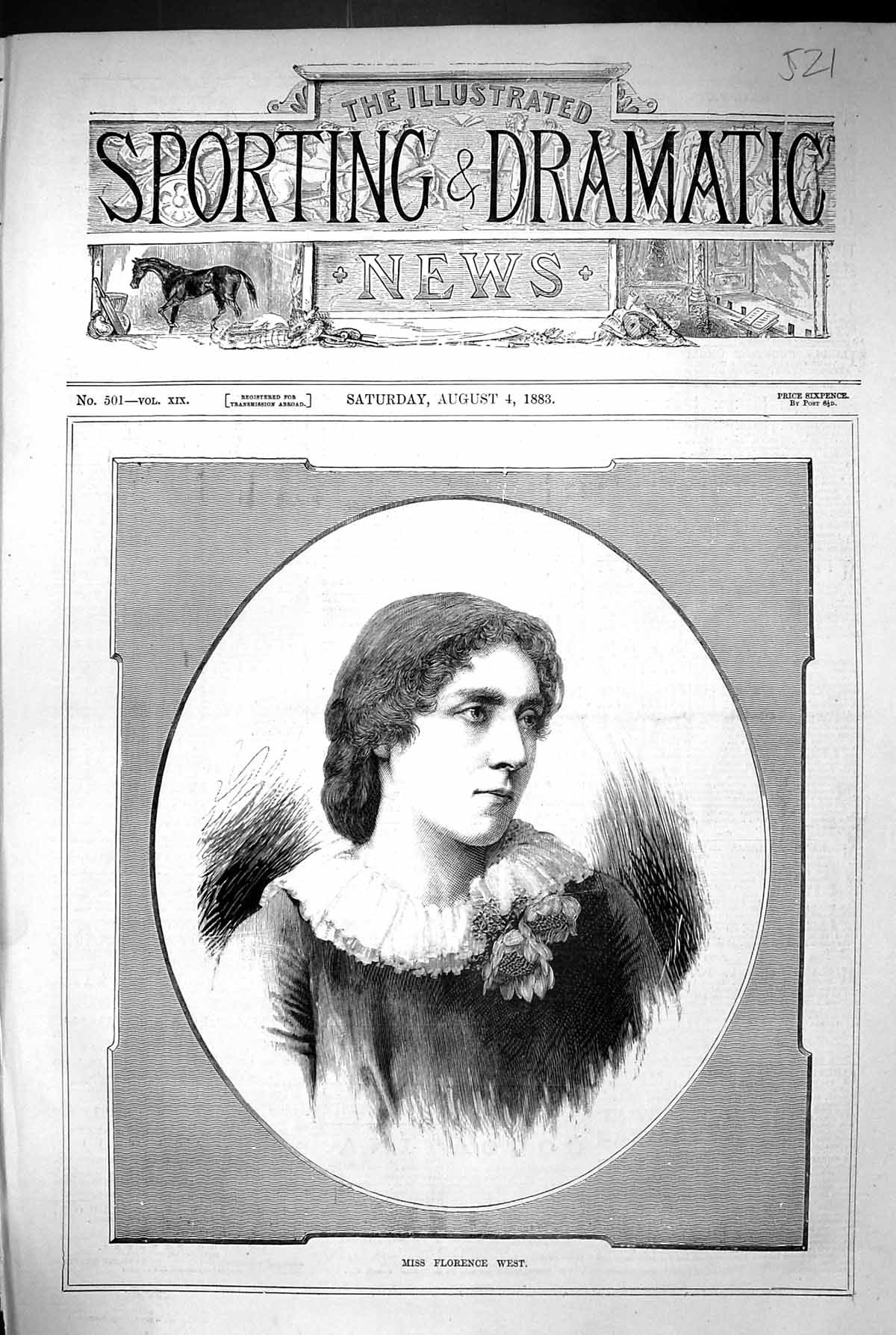 Original Old Antique Print 1883 Portrait Miss Florence West Beautiful Woman