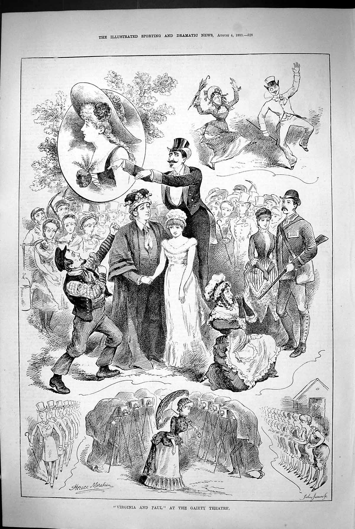 Original Old Antique Print 1883 Scene Virginia Paul Gaiety Theatre Actors 19th