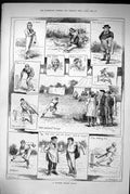 Original Old Antique Print 1883 Country Cricket Match Sport Bowler Umpire 19th