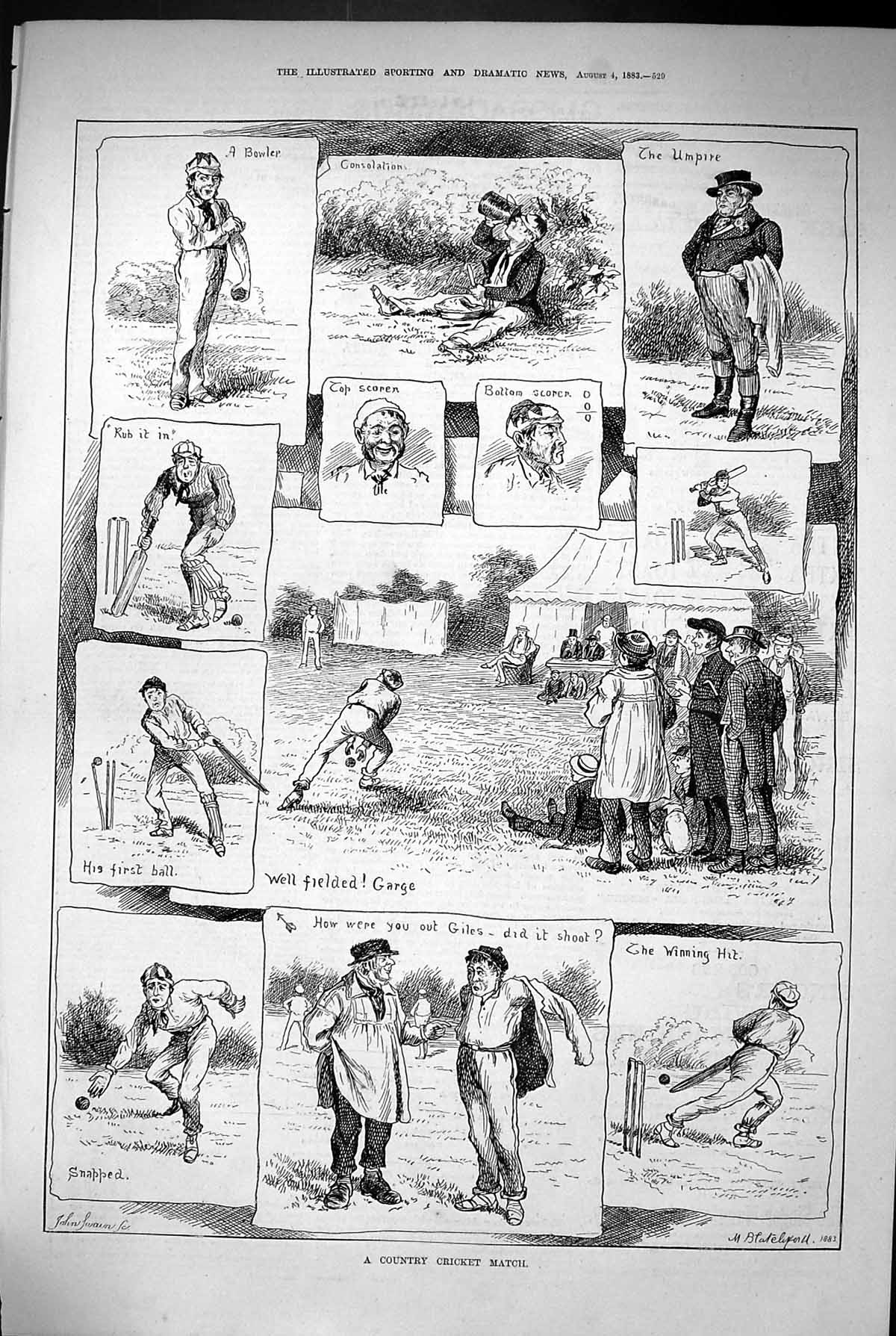 Original Old Antique Print 1883 Country Cricket Match Sport Bowler Umpire 19th