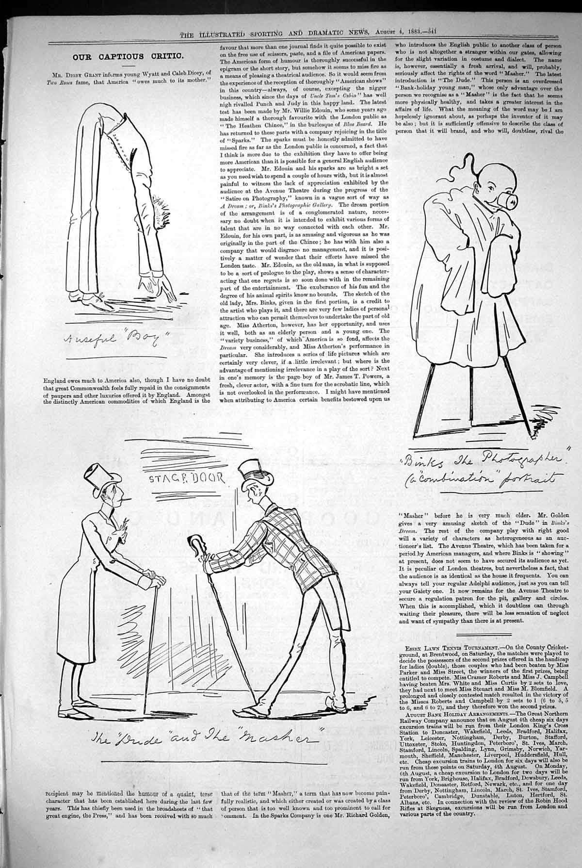 Original Old Antique Print 1883 Captious Critic Stage Door Binks Photographer